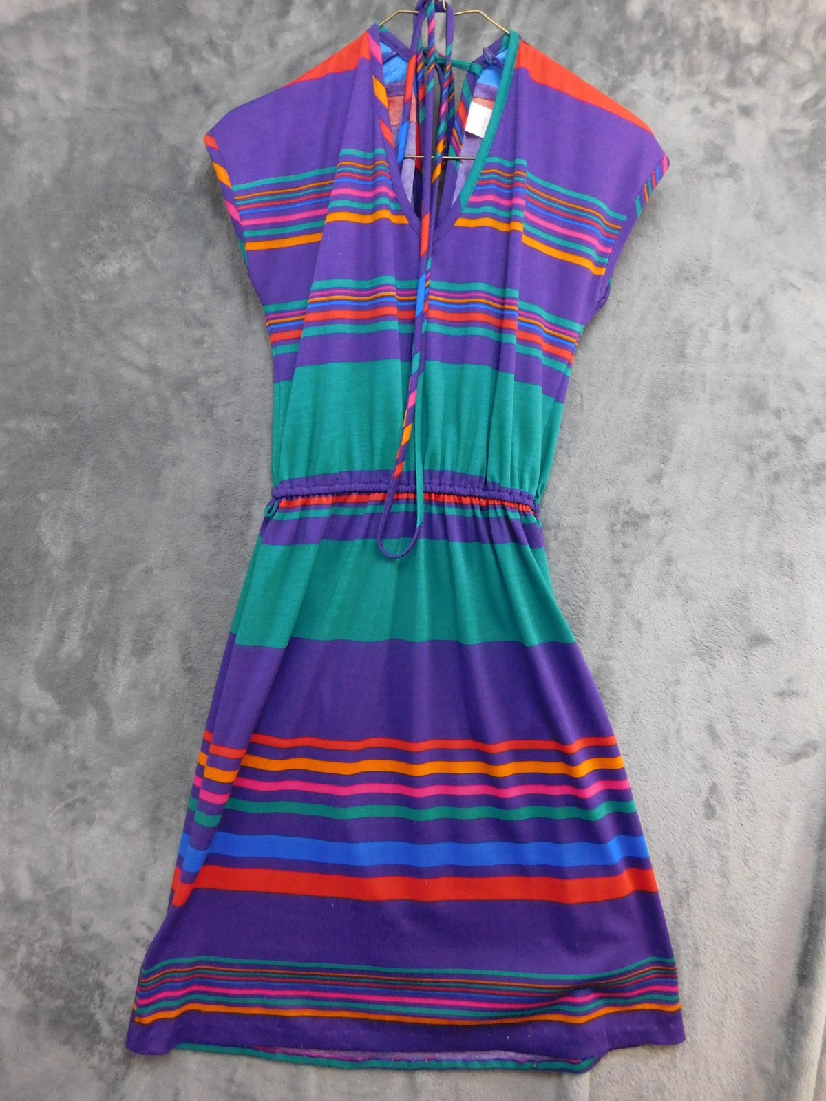 Dress Juniors 7 Multi-Color Stripe Halter V Neck Elastic Waist Sundress