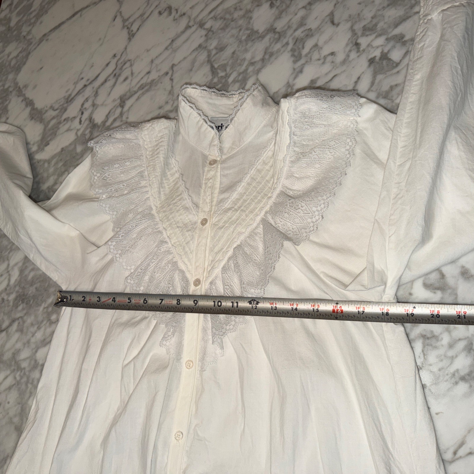 Vintage Periwinkle White Long Peasant Boho Dress High Neck Lace Ruffle Sz S USA