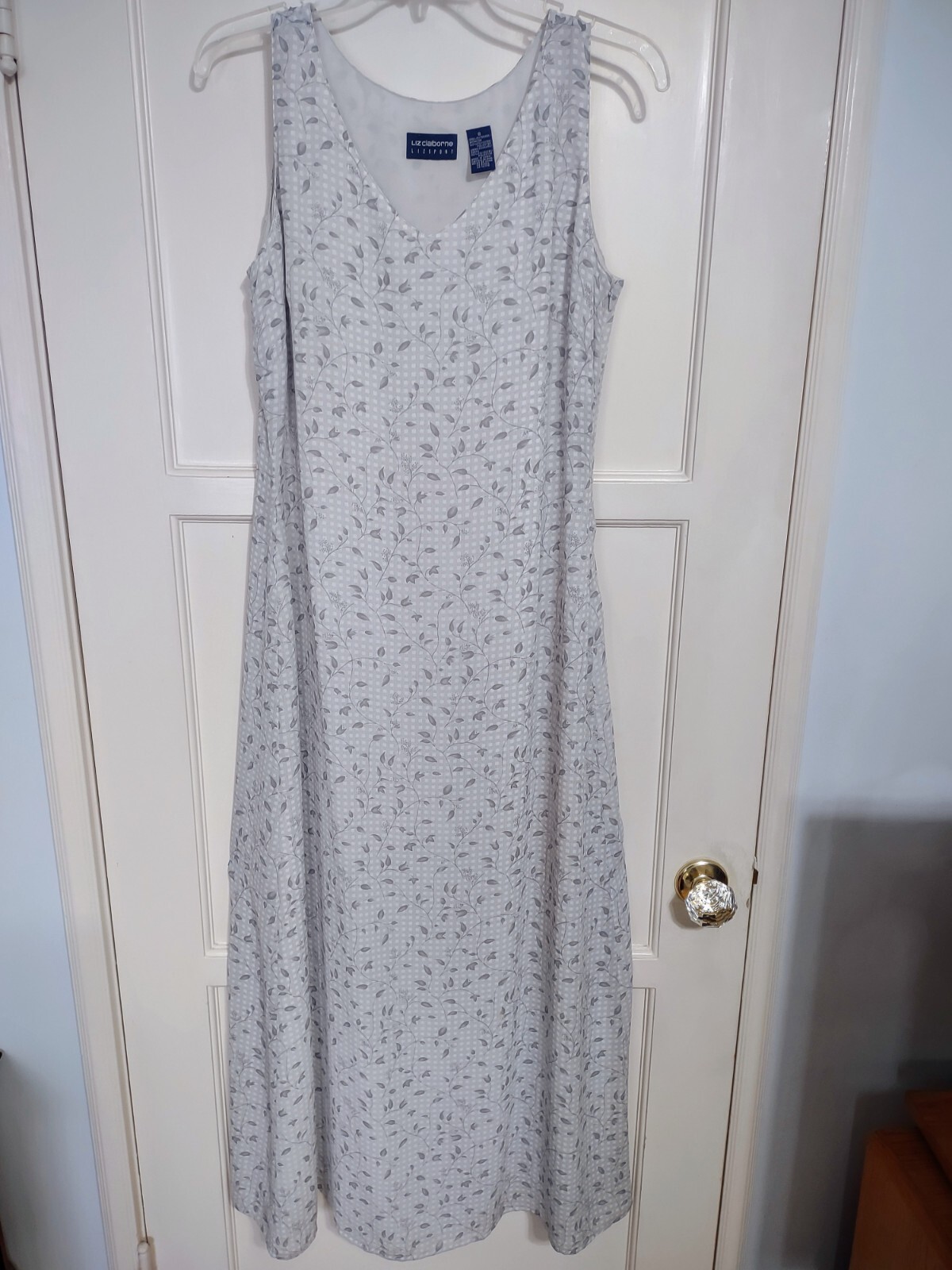 Vintage Liz Claiborne Sleeveless Maxi Dress White Gray Florals Sizez 8