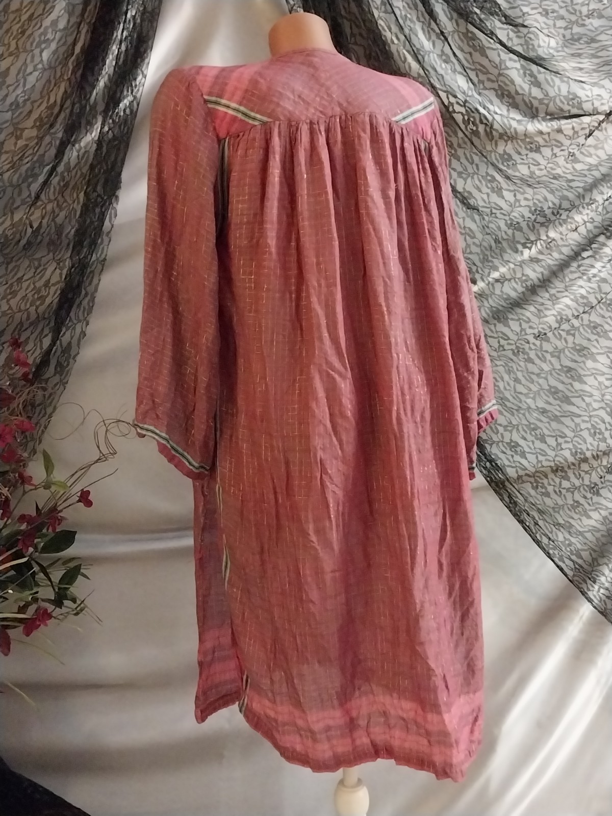 VTG india rayon lurex caftan boho hippie grunge pink gold blue dress 50&Prime; GAUZE