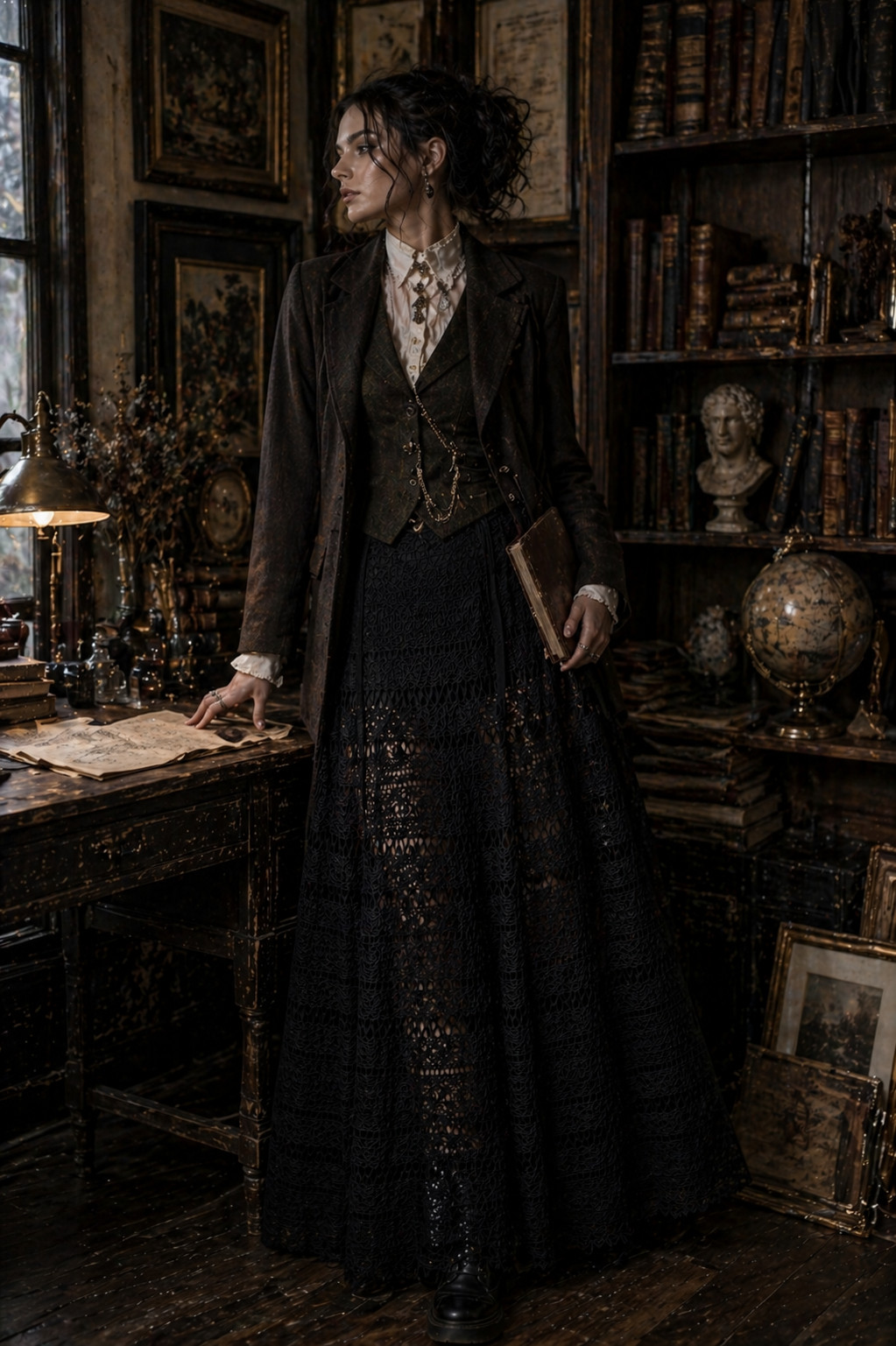 Antique Edwardian 1900 Cotton Gothic Lace Skirt Vintage 44/46