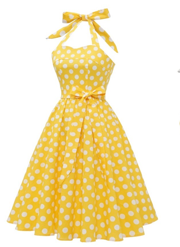 Vintage 50s Sundress Yellow White Polka Dots Fit and Flare Size S Adjustable