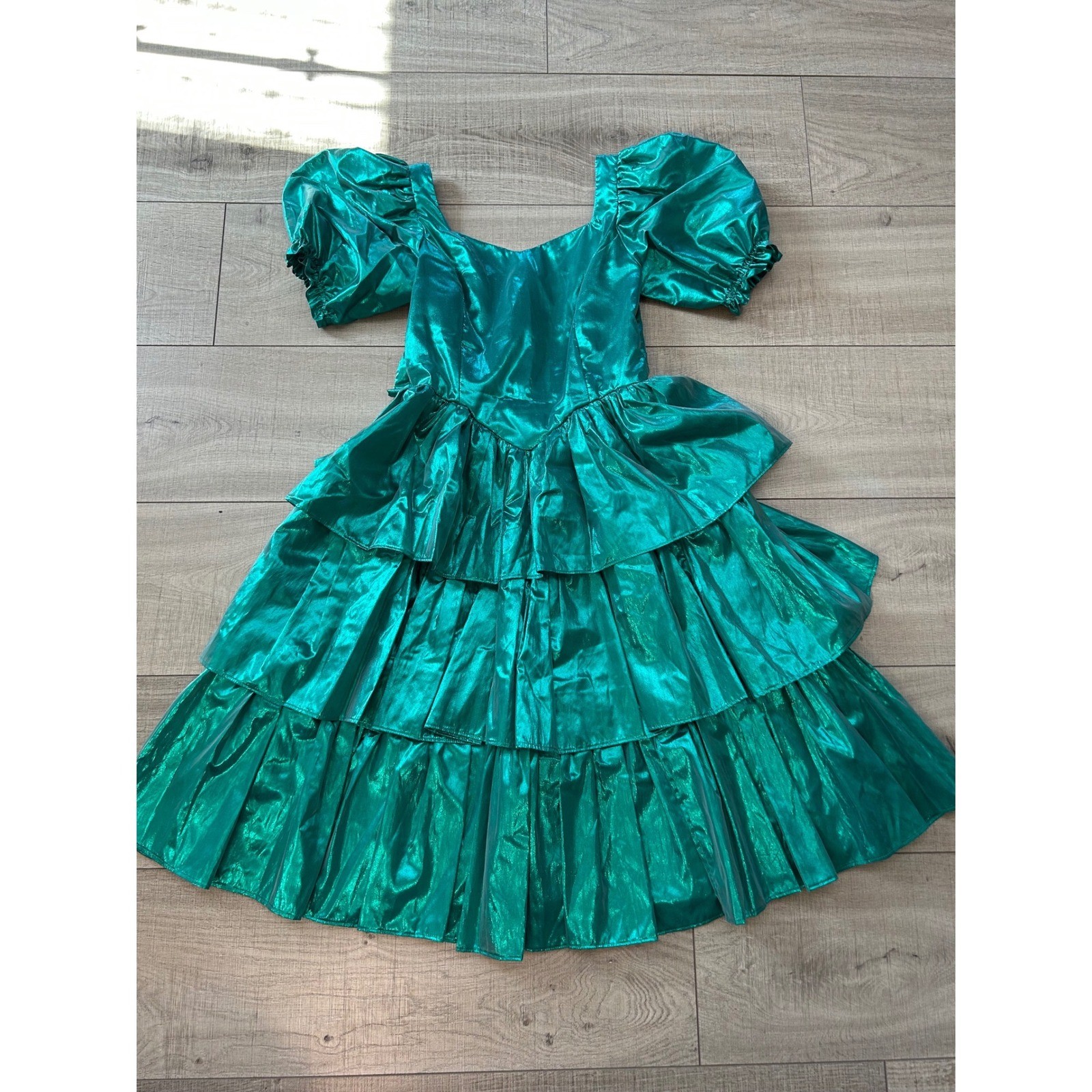 Vintage 80s Metallic Teal Green Puff Sleeve Tiered Ruffle Party Dress Large Bow