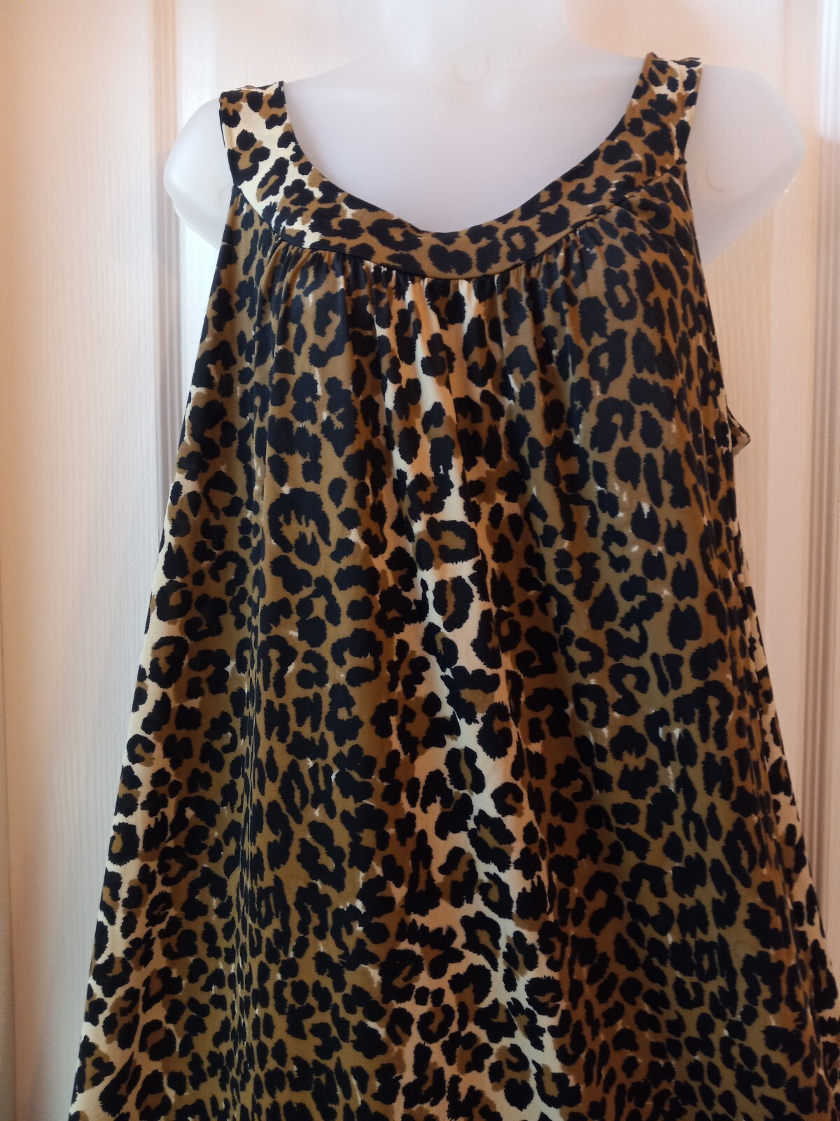 Vintage 60s Leopard Nylon High Collar Sleeveless Muumuu Nightgown Tiki Oasis L
