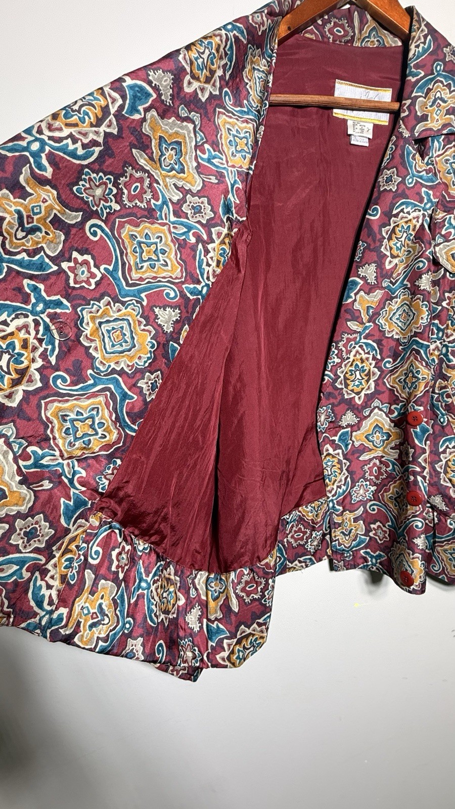VTG Jacqueline Ferrar 100% Silk Jacket Womens 16 Red Paisley Boho Art To Wear
