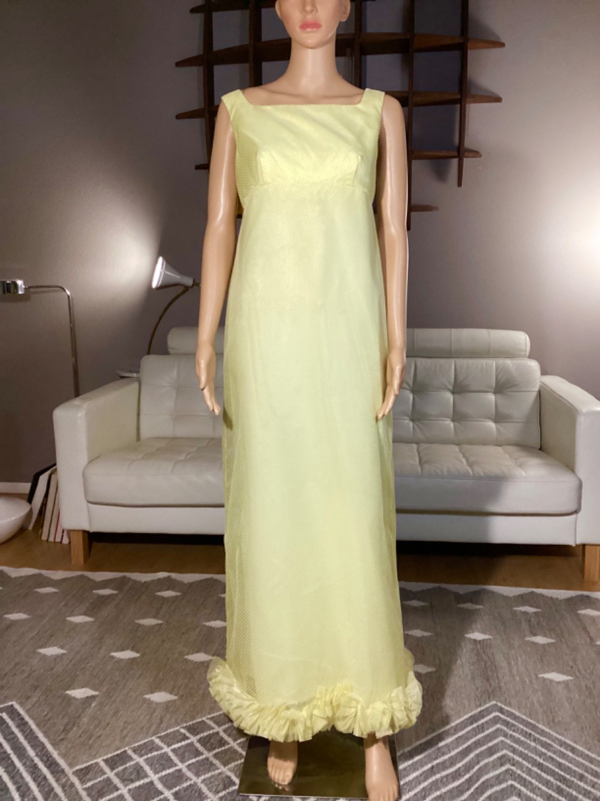 Vintage 60&rsquo;s Emma Domb Yellow Ruffle Polka Dot Sleeveless Maxi Dress Hippie Mod
