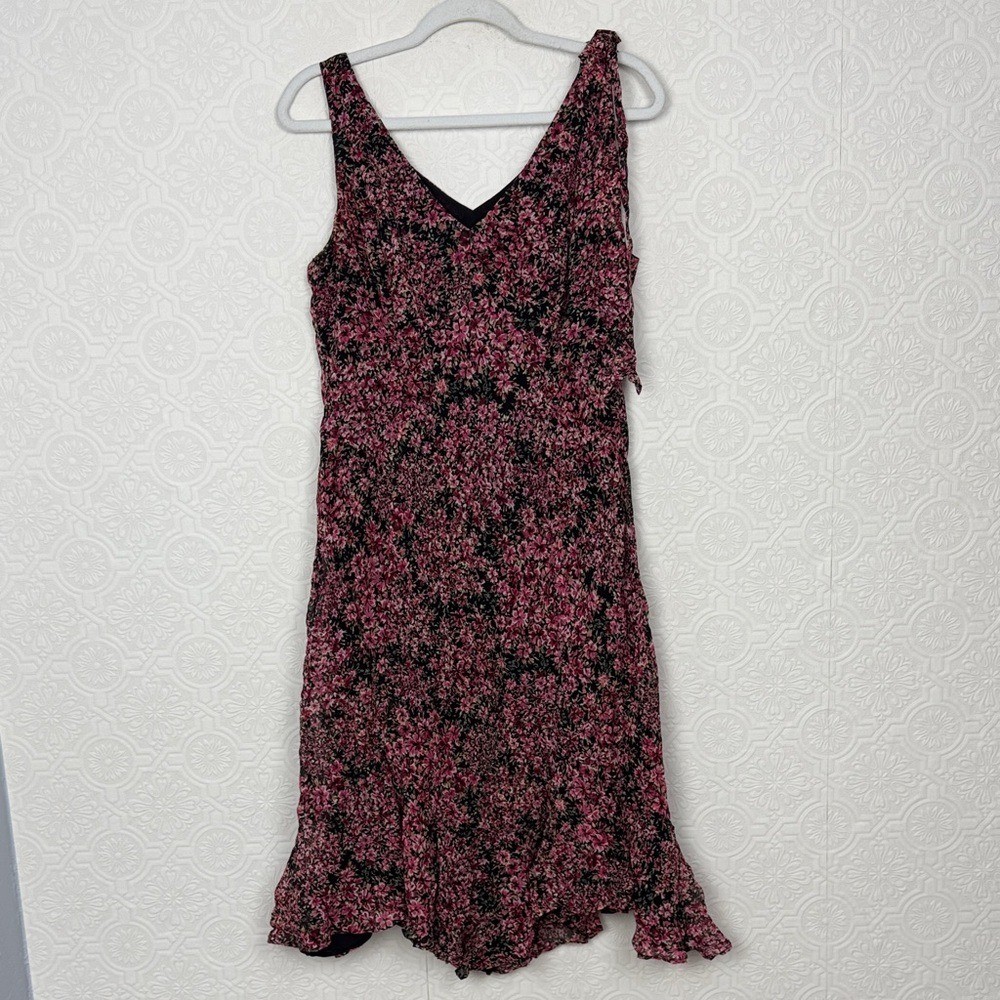 Vintage 100% Silk Y2K Ann Taylor LOFT Floral Dress Size 10 Black Pink Ruffle Hem