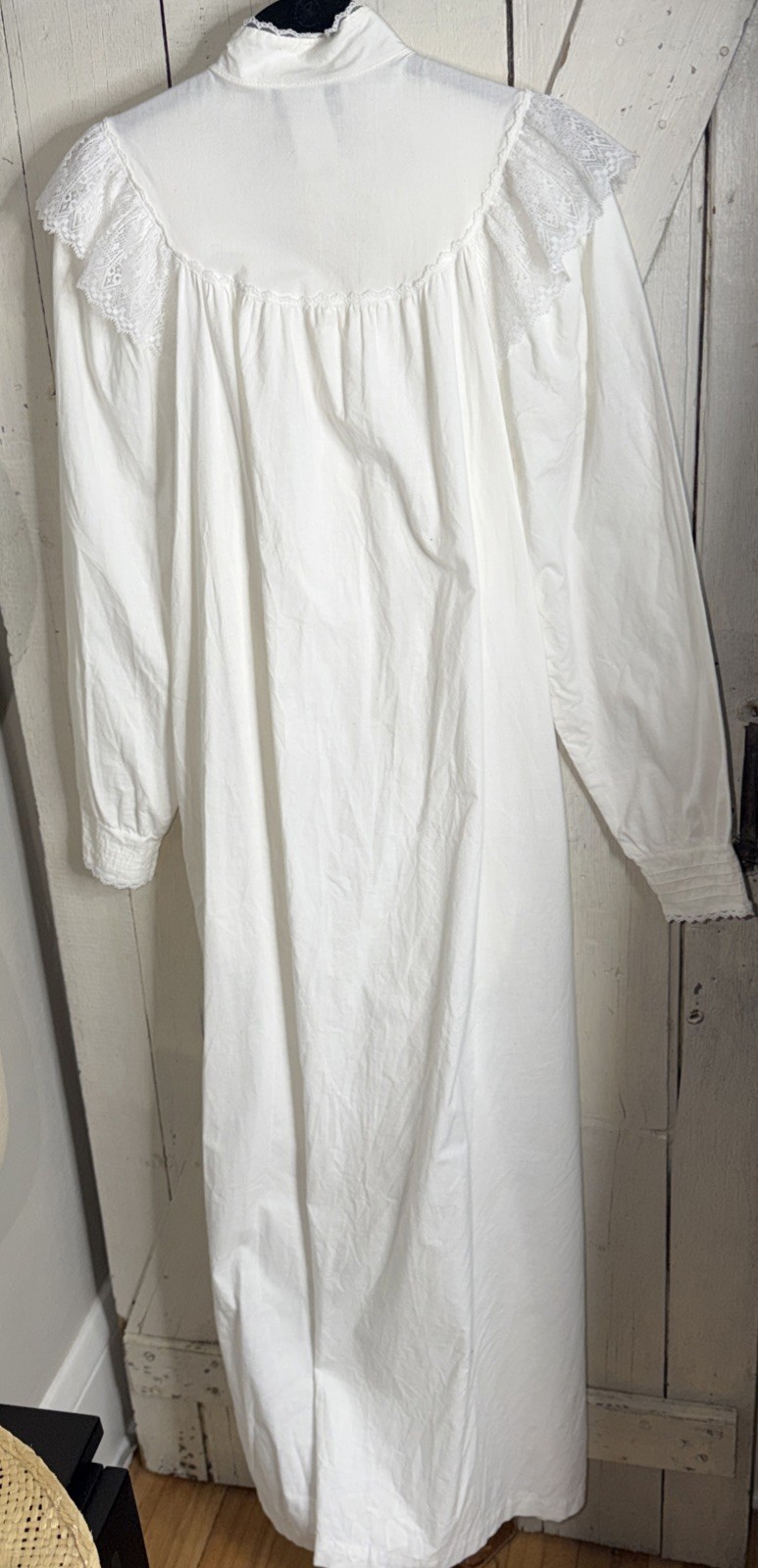 Vintage Periwinkle White Long Peasant Boho Dress High Neck Lace Ruffle Sz S USA
