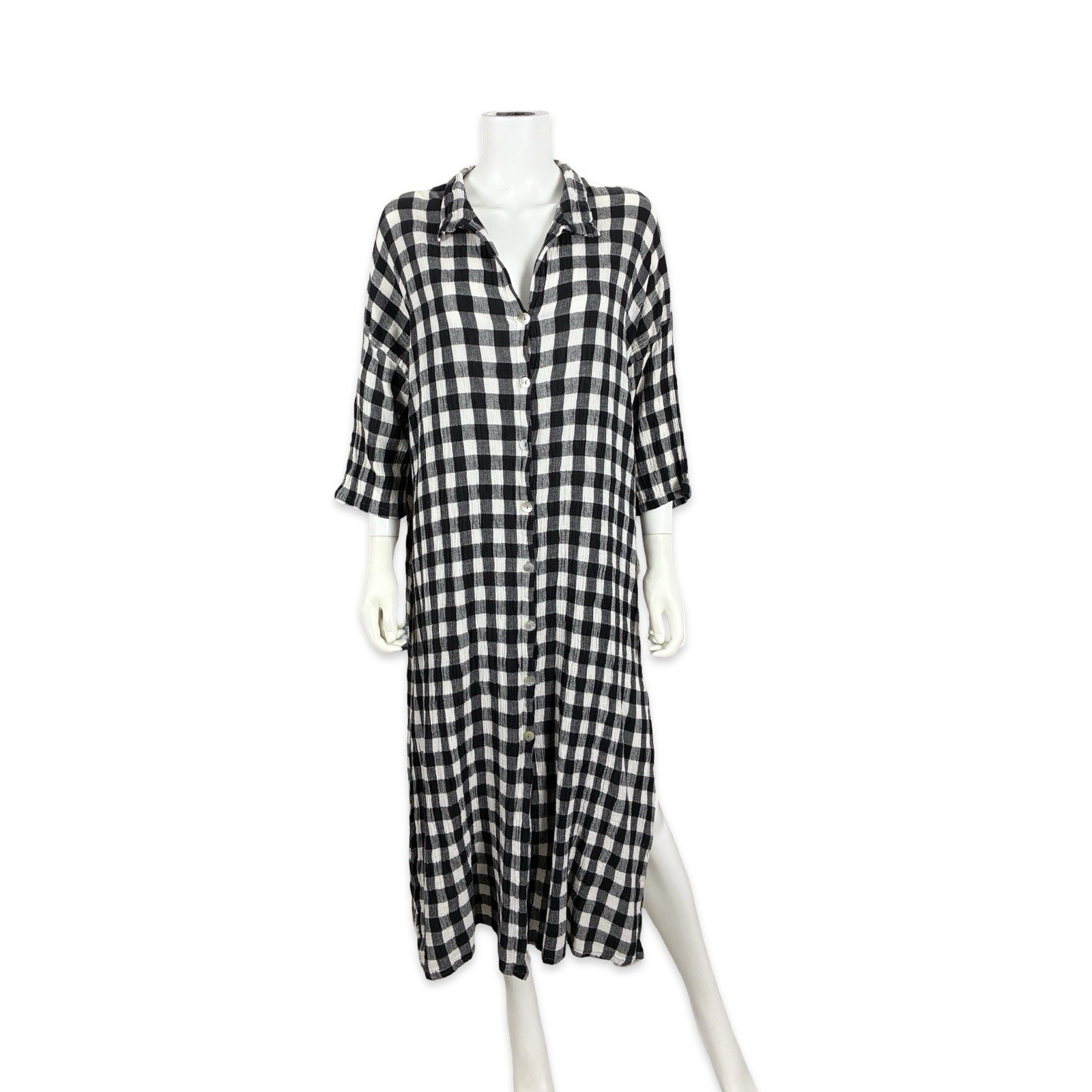 Dunes Women&rsquo;s VTG Black White Gingham Cotton Gauze Dress Boho Lagenlook M