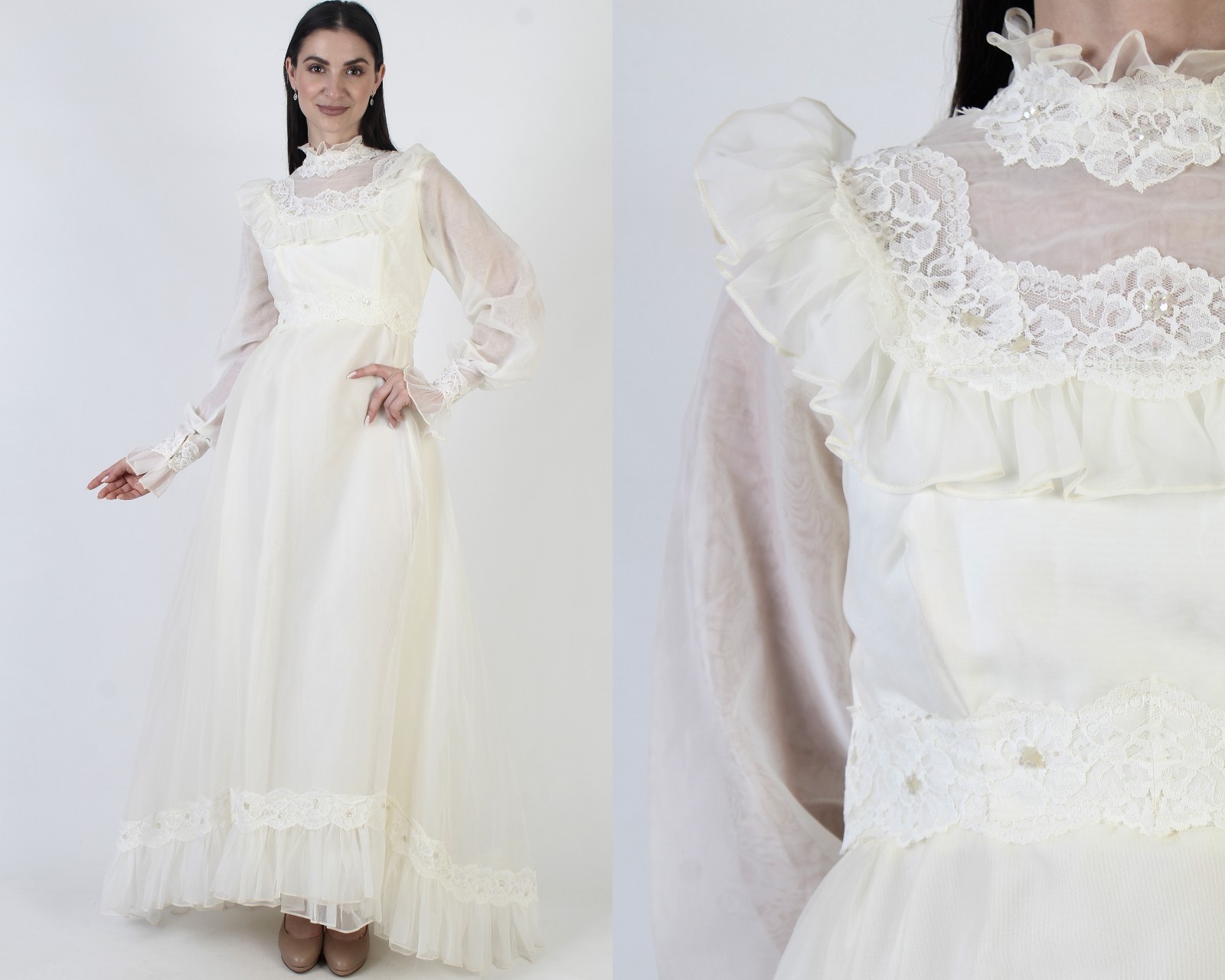 Vtg 70s Cream Asymmetrical Bridal Dress Sheer Lace Victorian Wedding Gown