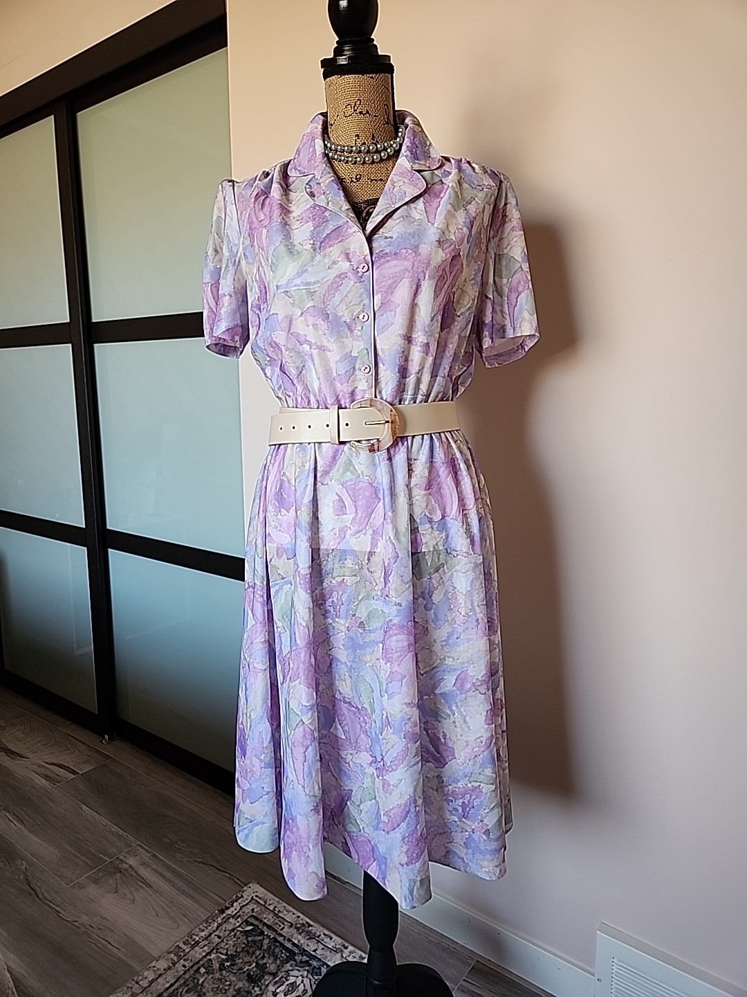 California Looks Vintage Short Sleeve Purple Aqua Colors Belted Dress Petite 16P