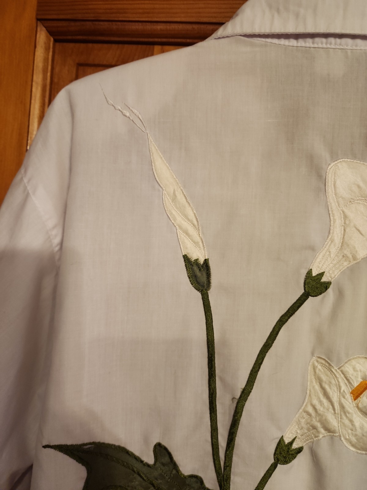 Vtg 80s White Cotton Blouse Short Sleeve Calla Lily Embroidered Shoulder Pads L