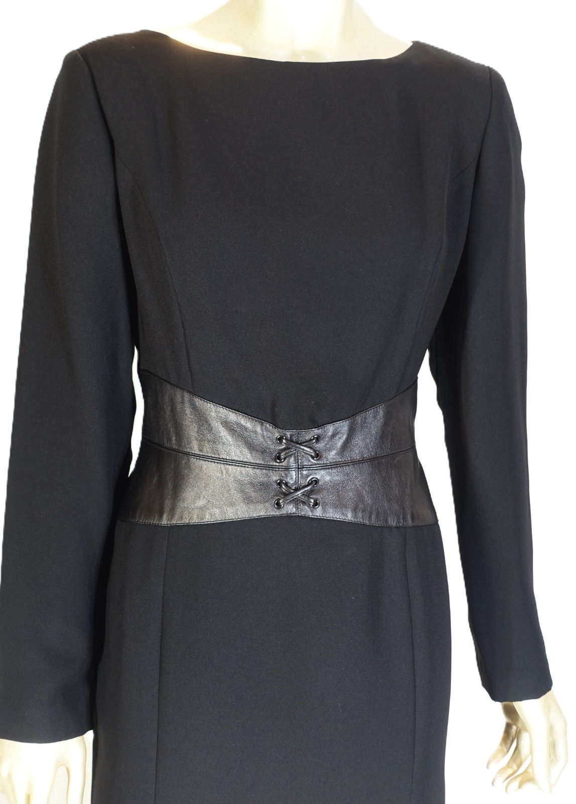 VTG SHANI~MINT!!~1990s BLACK SHEATH LONG SLEEVE DRESS LAMB SKIN WAIST SZ:8