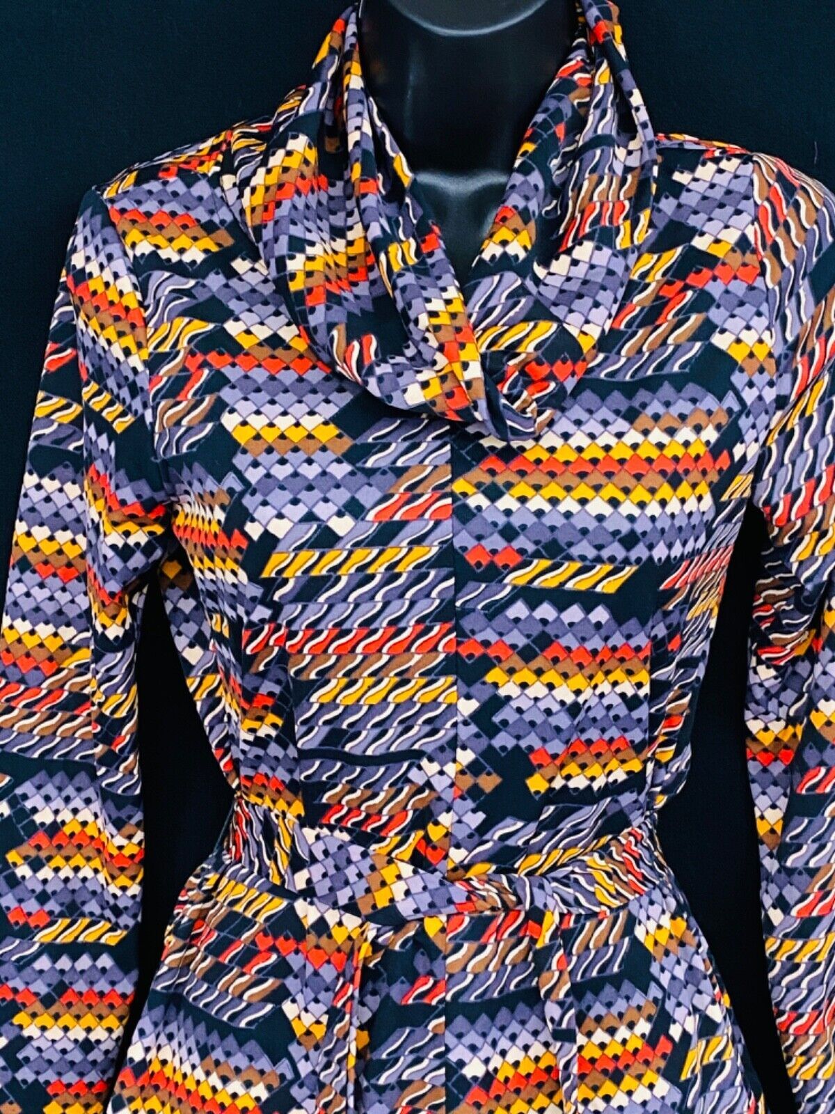 Vintage 1970s colorful cowl-neck dress set, skirt top blouse long sleeve fall S