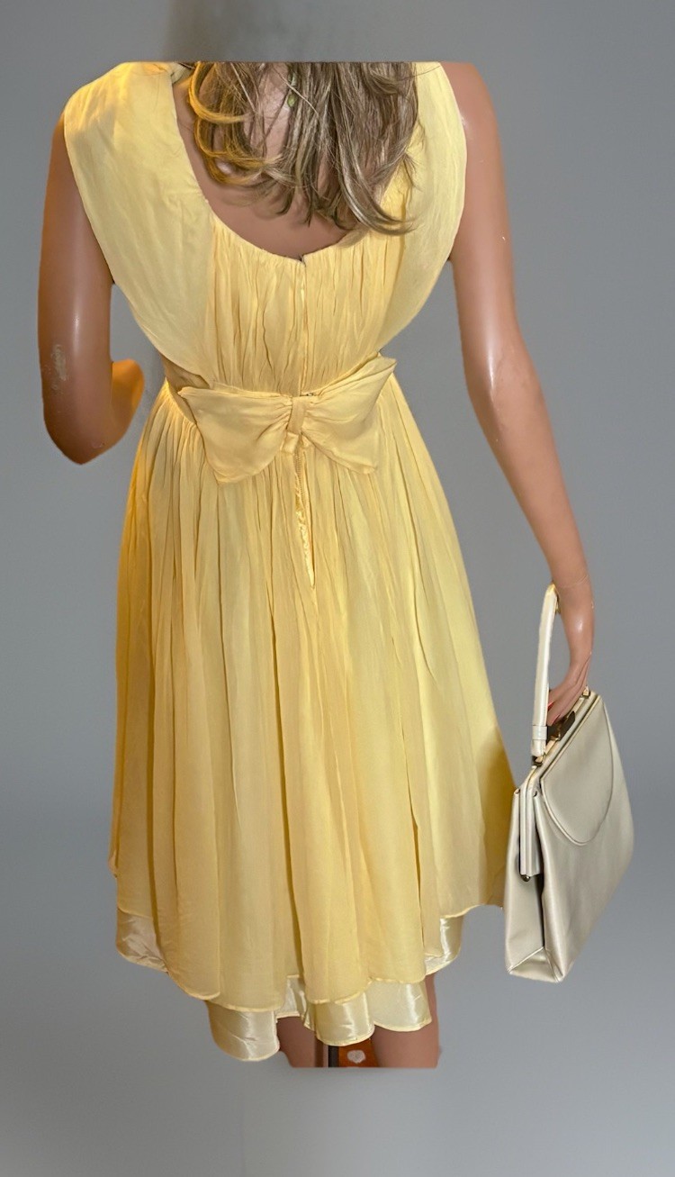 MCM Yellow Chiffon Mod Party Cocktail Dress Fitted Empire Waist/Full Skirt/Bow S