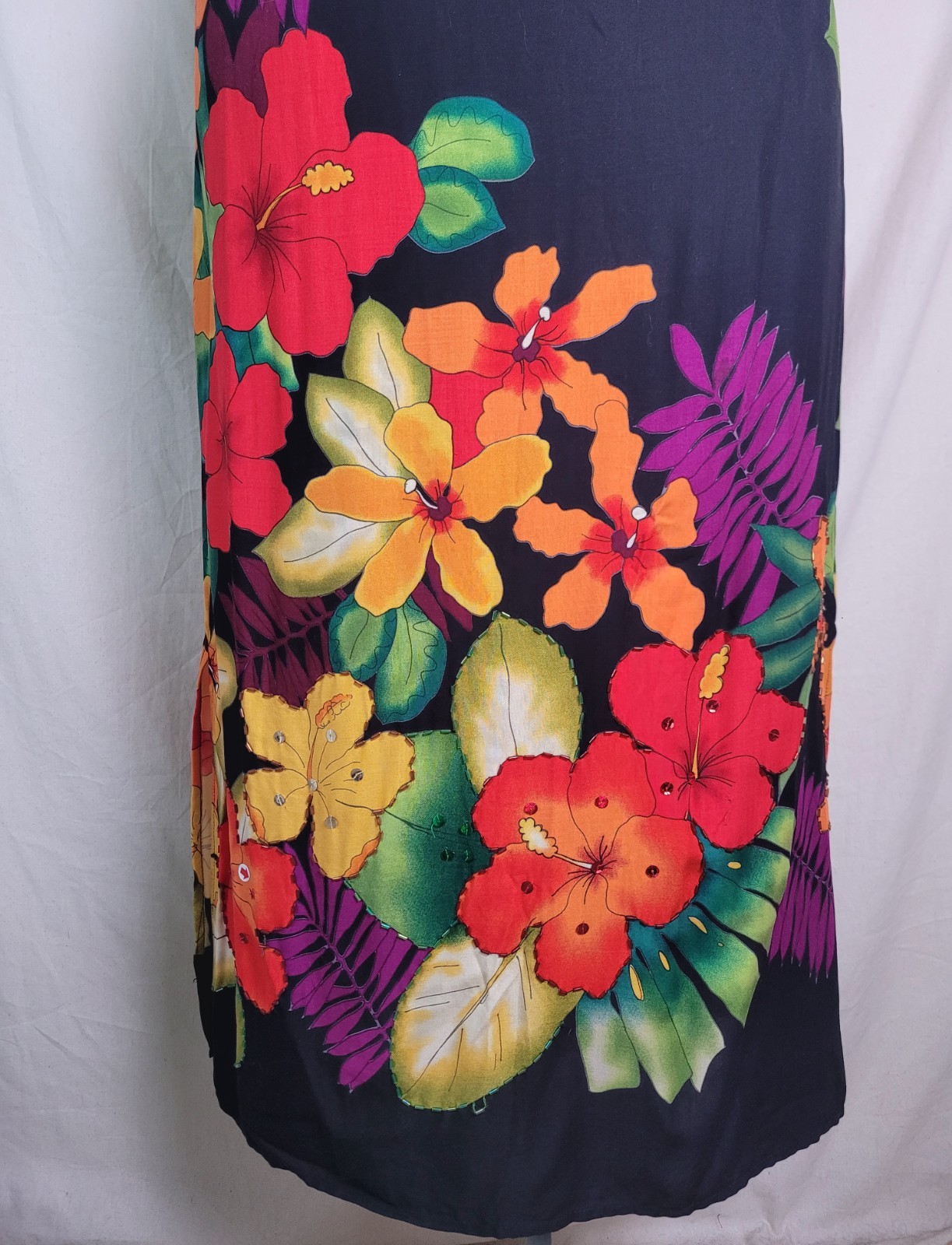 Vintage 80s 90s Black Floral Bright Hawaii Midi Dress Tie Back Shift M/L Beaded