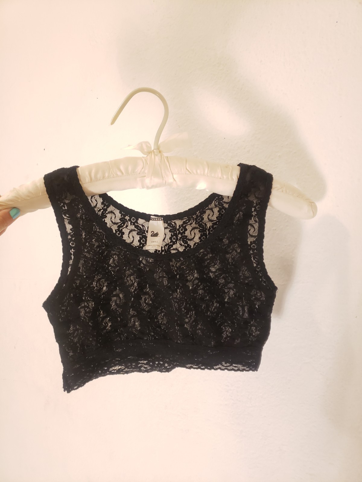 Vtg 80s Sz S Sheer Black Lace Bra Bralette Top Stretch Crop Tank Floral Stretch
