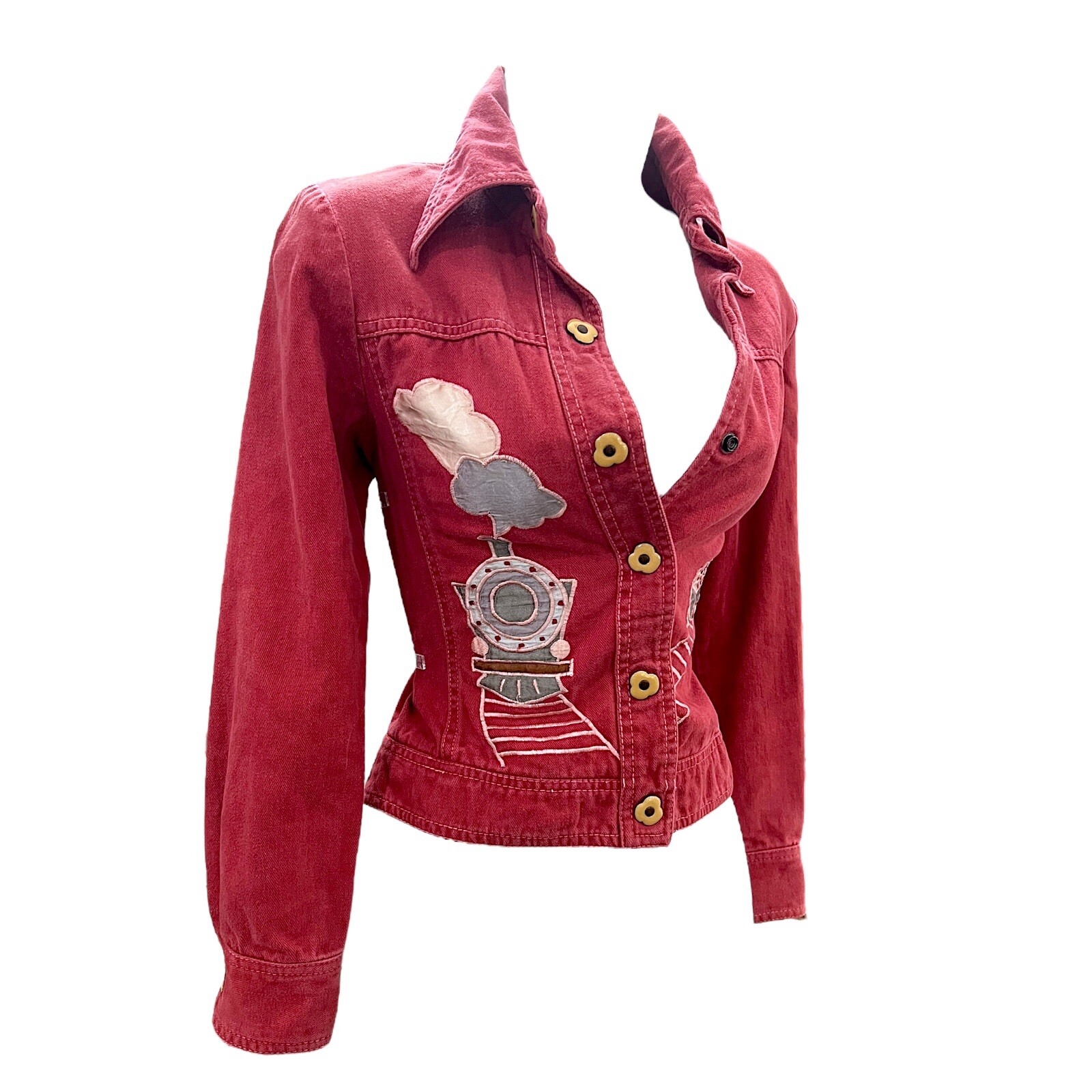 1970s Roncelli Denim Jacket Novelty Train Appliqué Vintage Top Wearable Art Sz S