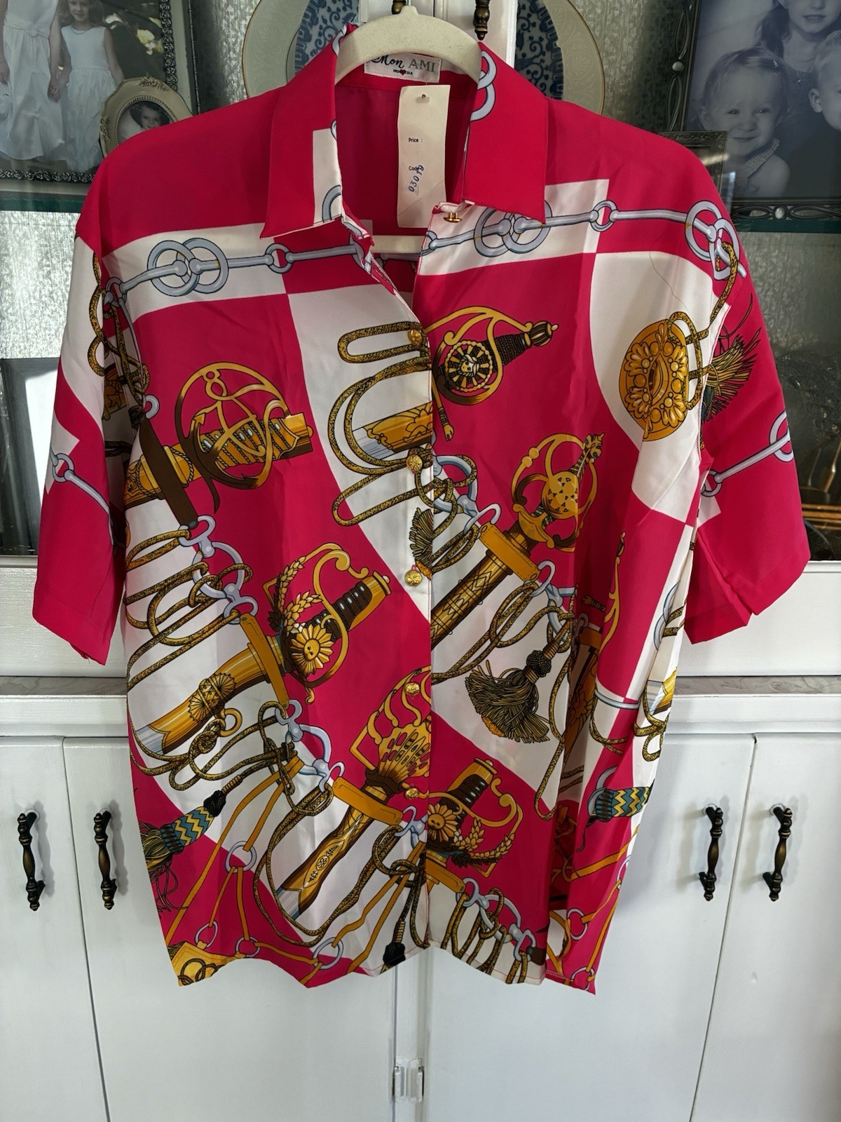 New 90s Mon Ami Red & Gold Loud Short Sleeve Button Blouse Shoulder Pads L