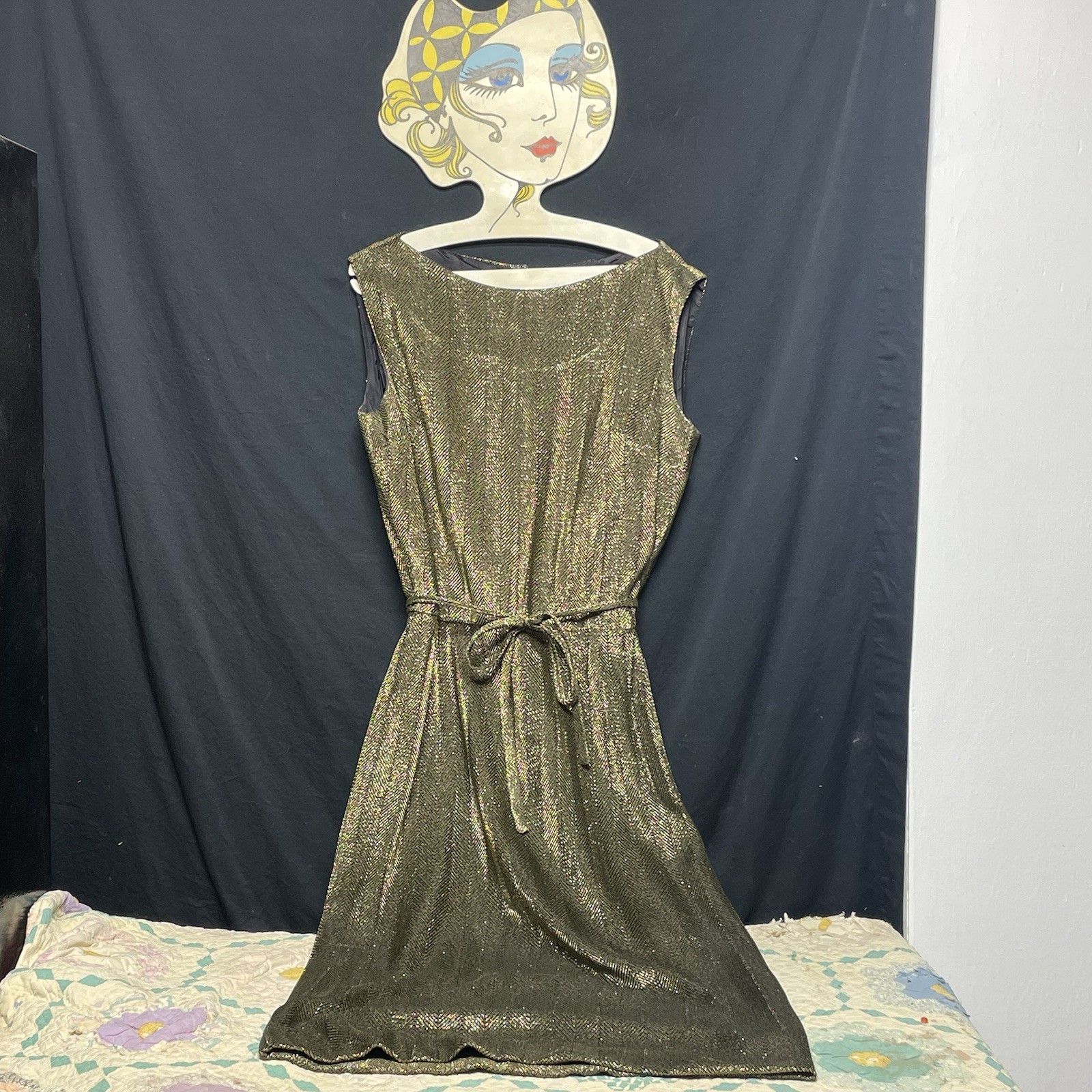 Vtg 60&rsquo;s Gold Lame Metallic Wiggle Sress Sleeveless Pencil Cocktail Party Gown