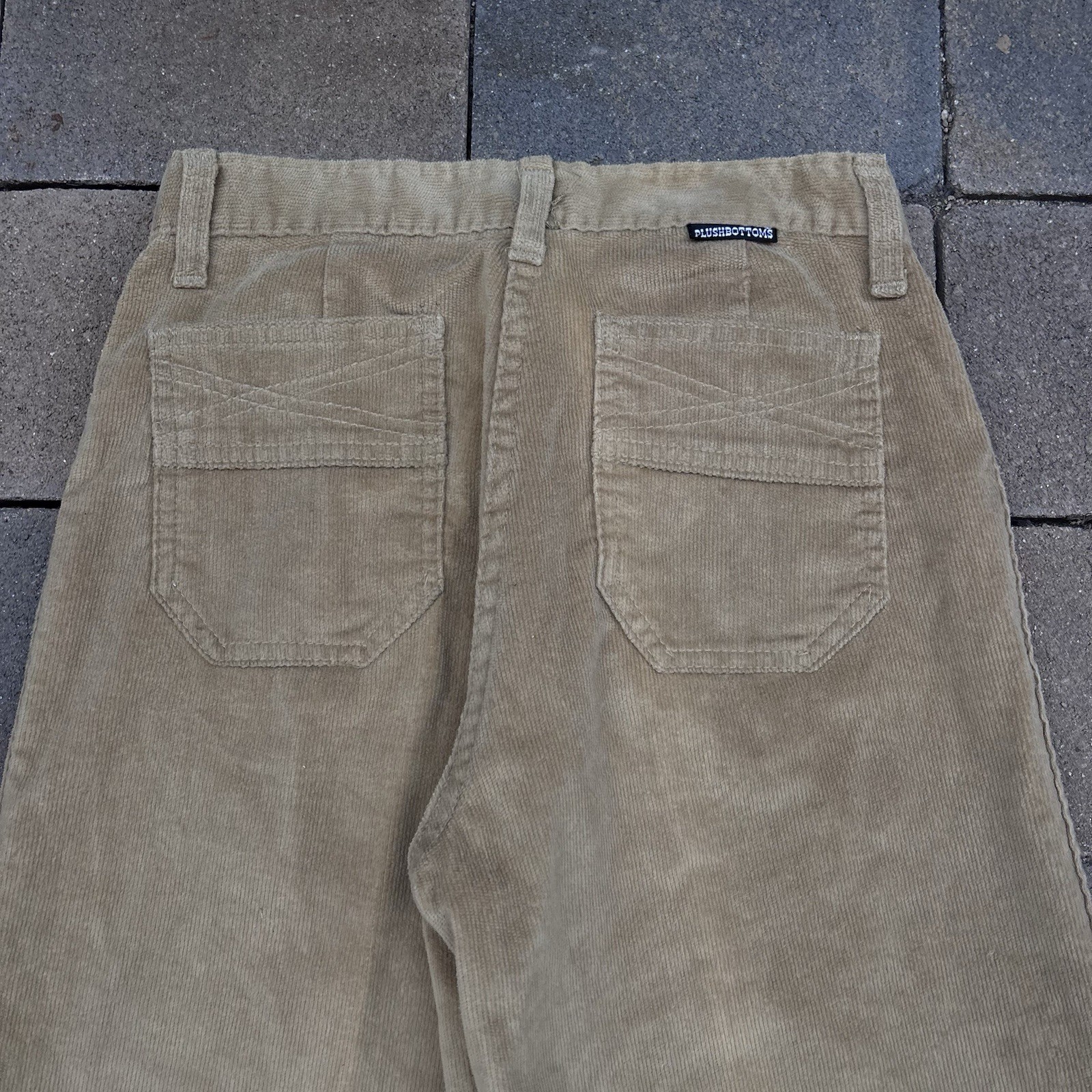 VTG Plush Bottoms Bell Bottom Snap Fly Pants Boho Hippy 27×31 Khaki Twill 70s