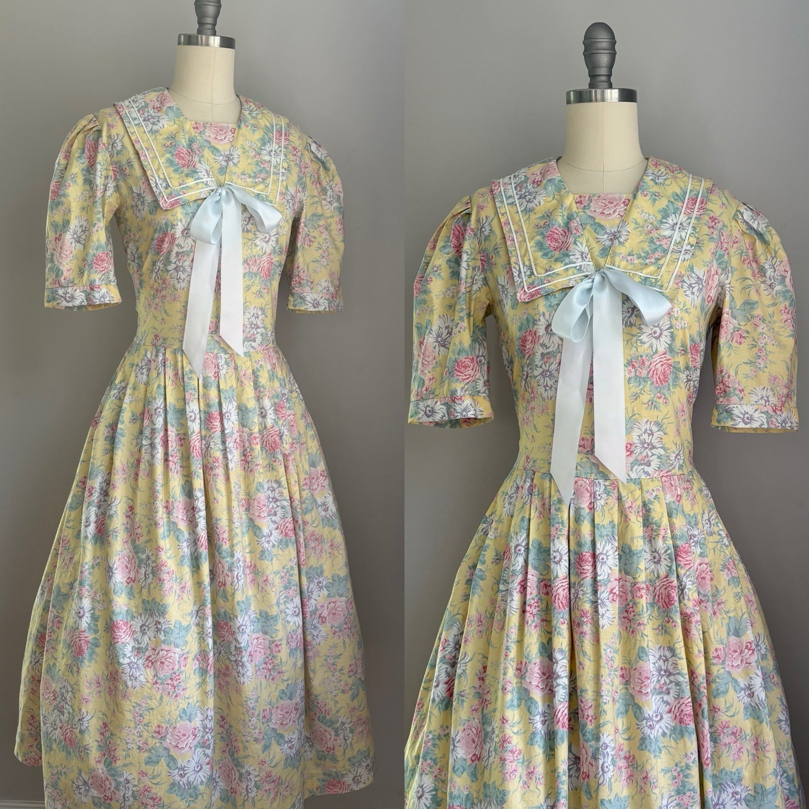 Vintage 80’s Laura Ashley Roses & Daisies Yellow Sailor Dress S/M Cottagecore