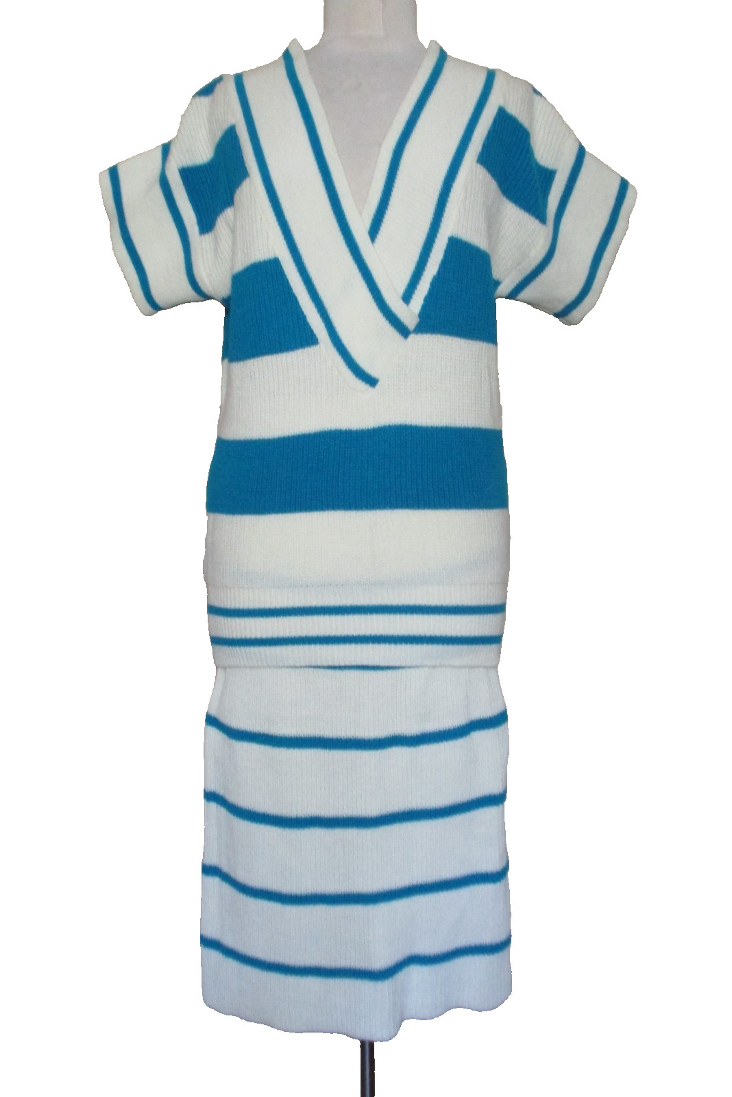 Vintage A&rsquo;Milano Knit Sweater & Skirt Set M/L Women Ivory Turquoise Striped