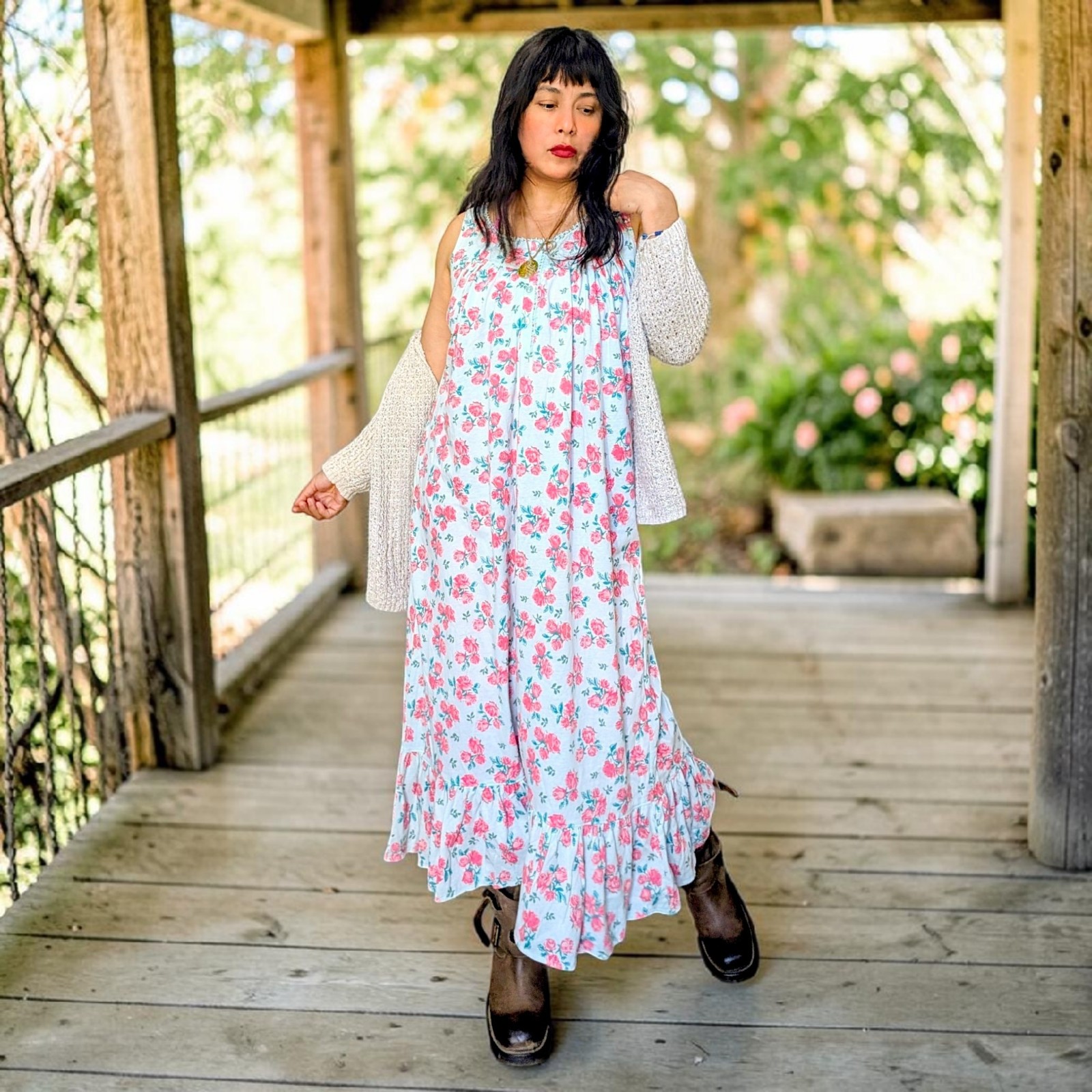 VTG 90&rsquo;s Hong Kong made mint pink floral fairy cottage grunge slip nap dress M