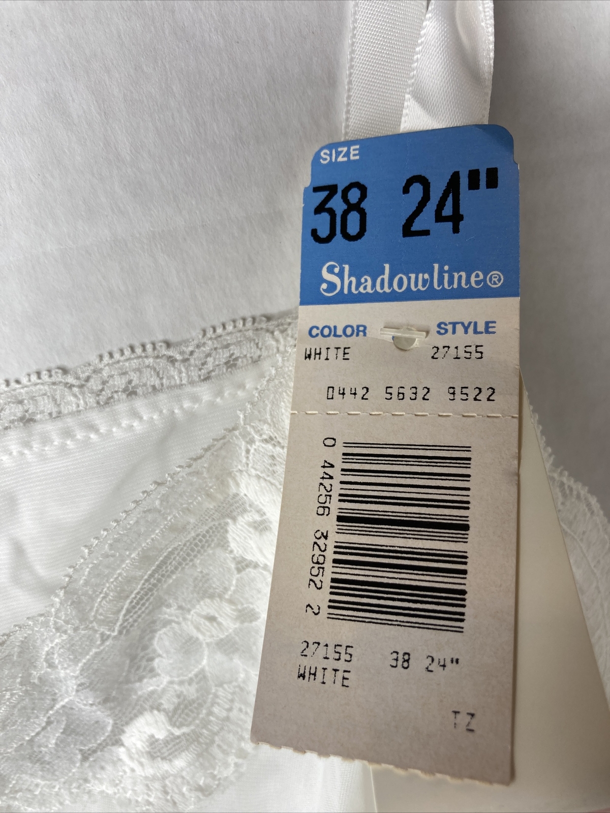 Vintage SHADOWLINE Full Figure White Lace Edge Slip Sz 38 24&Prime; Long
