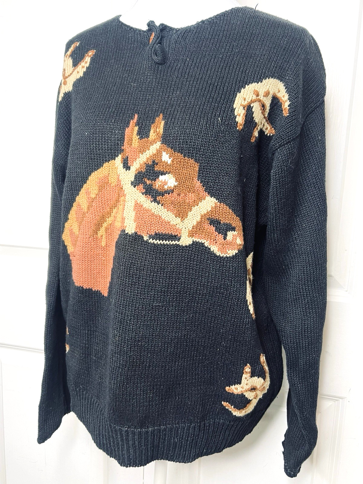 Vtg Chaus Horse Horseshoes Size LARGE Black Sweater Pullover Womens Ramie Cotton