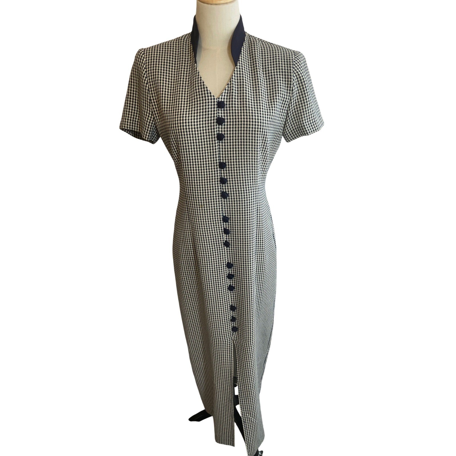 Scarlett Vintage Gingham Check Maxi Dress Navy Blue White Mandarin Collar 3/4