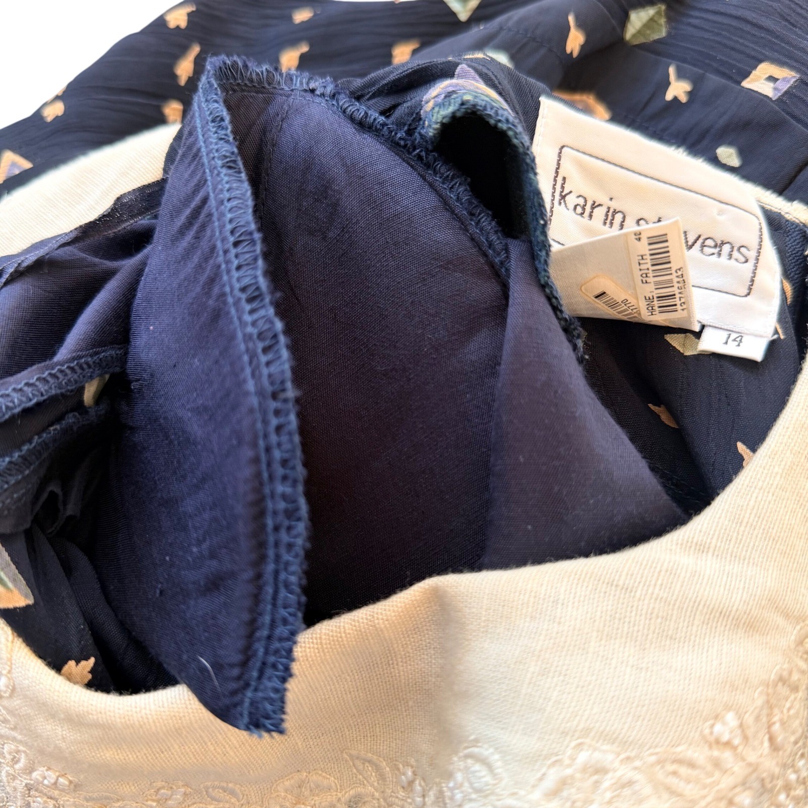 Karin Stevens Navy Blue Geometric Print Midi Dress Lace Collar Beaded Vintage 14