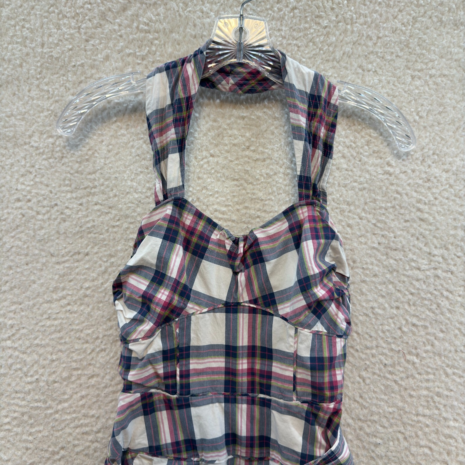 Y2K Vintage Halter Mini Dress 0 2 XS Tartan Plaid Bustier Mod Western Pockets