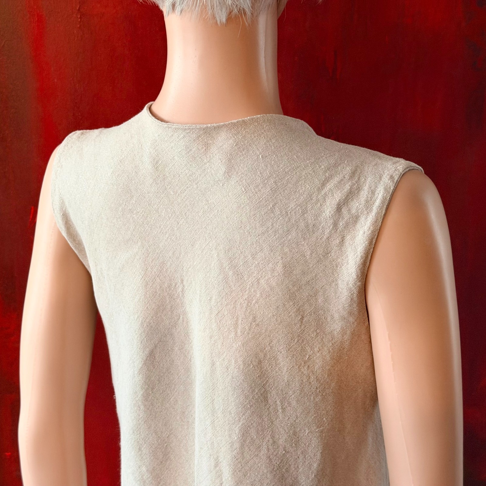 GIANFRANCO FERRE beige asymmetrical flared sleeveless linen dress size 44