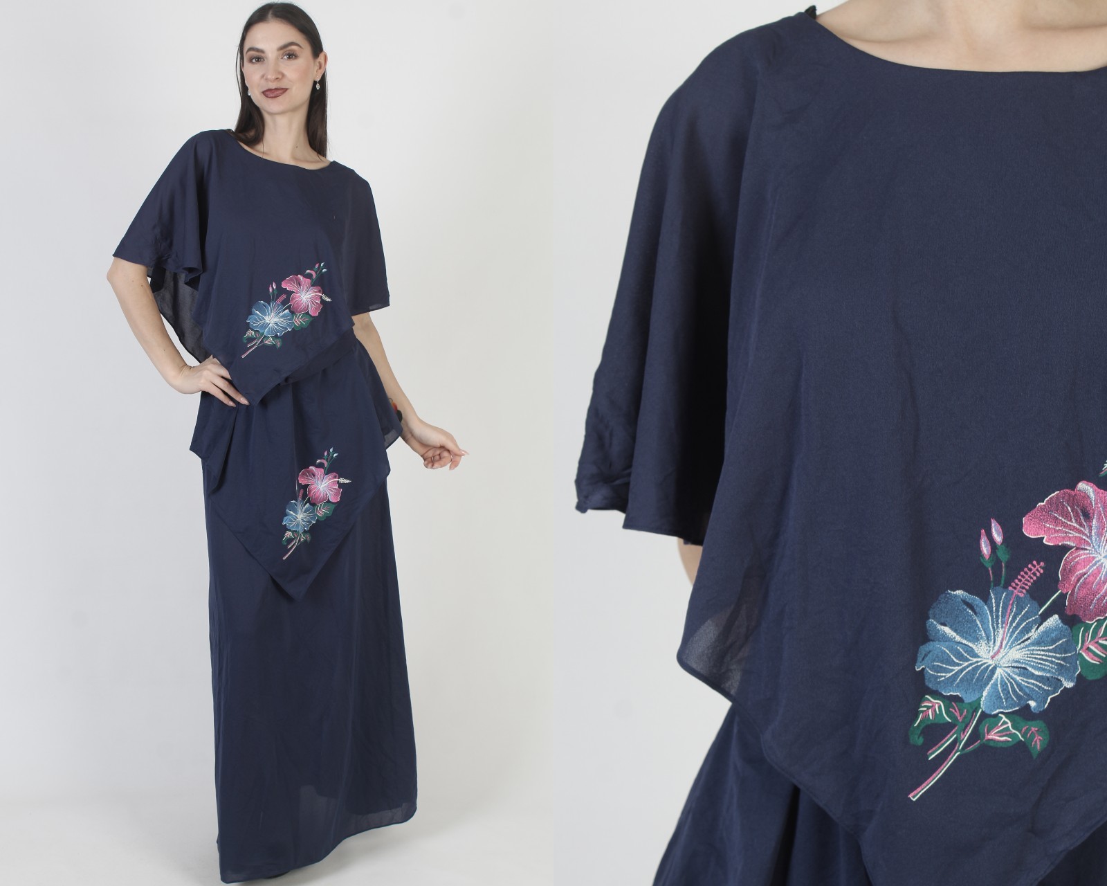Vtg 70s Grecian Goddess Dress Navy Floral Cocktail Disco Floor Length Belt Maxi