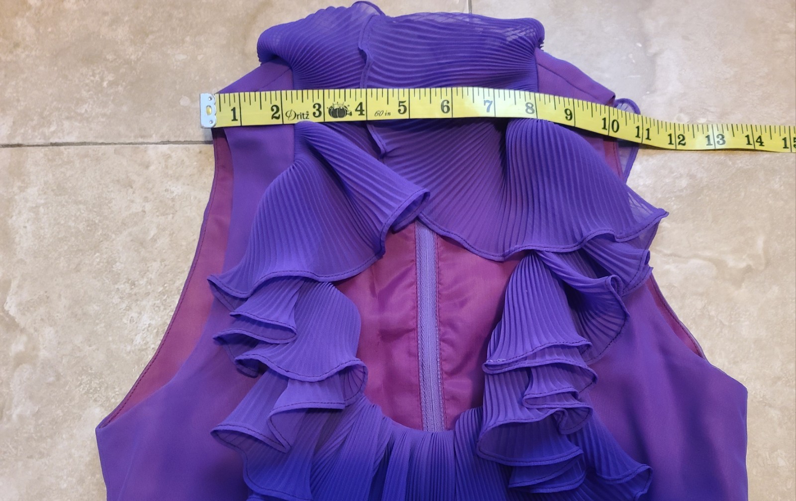 VTG Chiffon Pleated Rainbow Stripe Purple Maxi Dress Ruffle Collar V Neck UV Glo