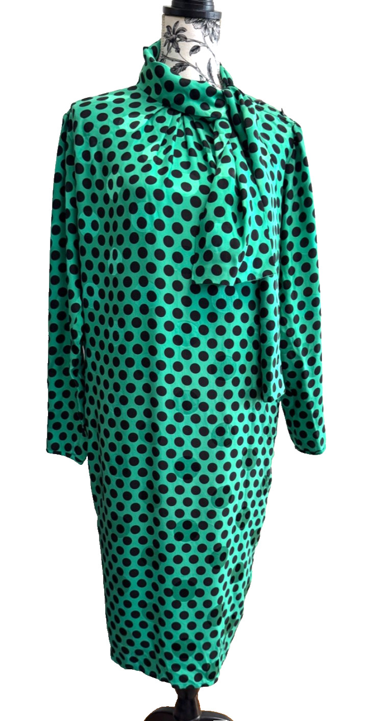 Vintage Emanuel Ungaro Ter silk green black polka dot dress size 6