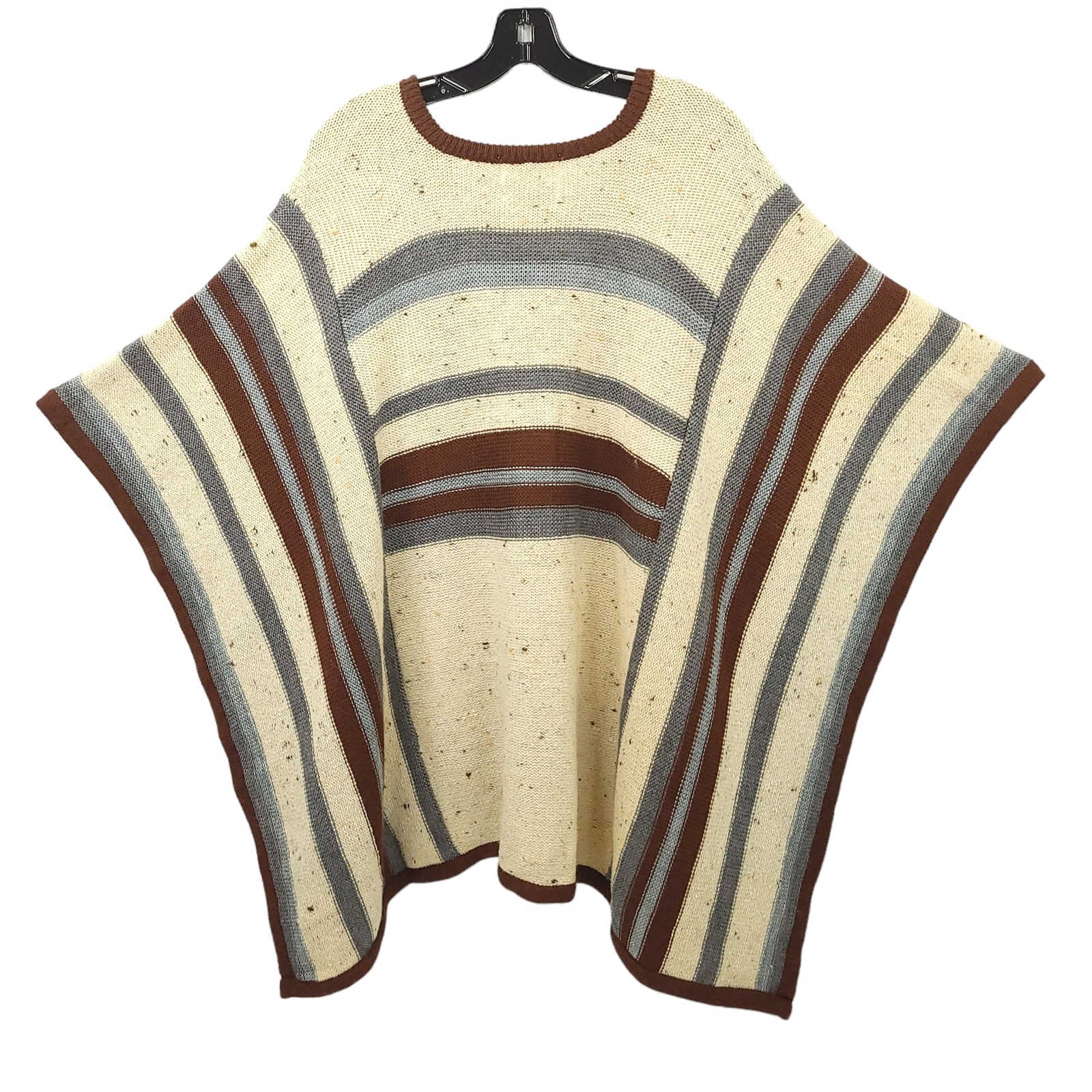Beldoch Popper Wool Blend Poncho S Shawl Cape Striped Beige Blue Gray Vintage