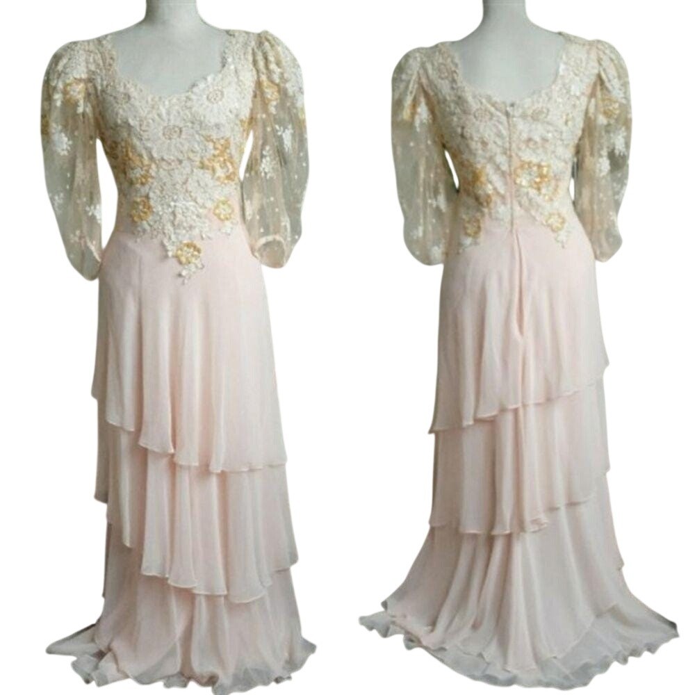 Vtg Judy Hornby Women&rsquo;s Size Small Silk and Lace Applique Tiered Maxi Gown