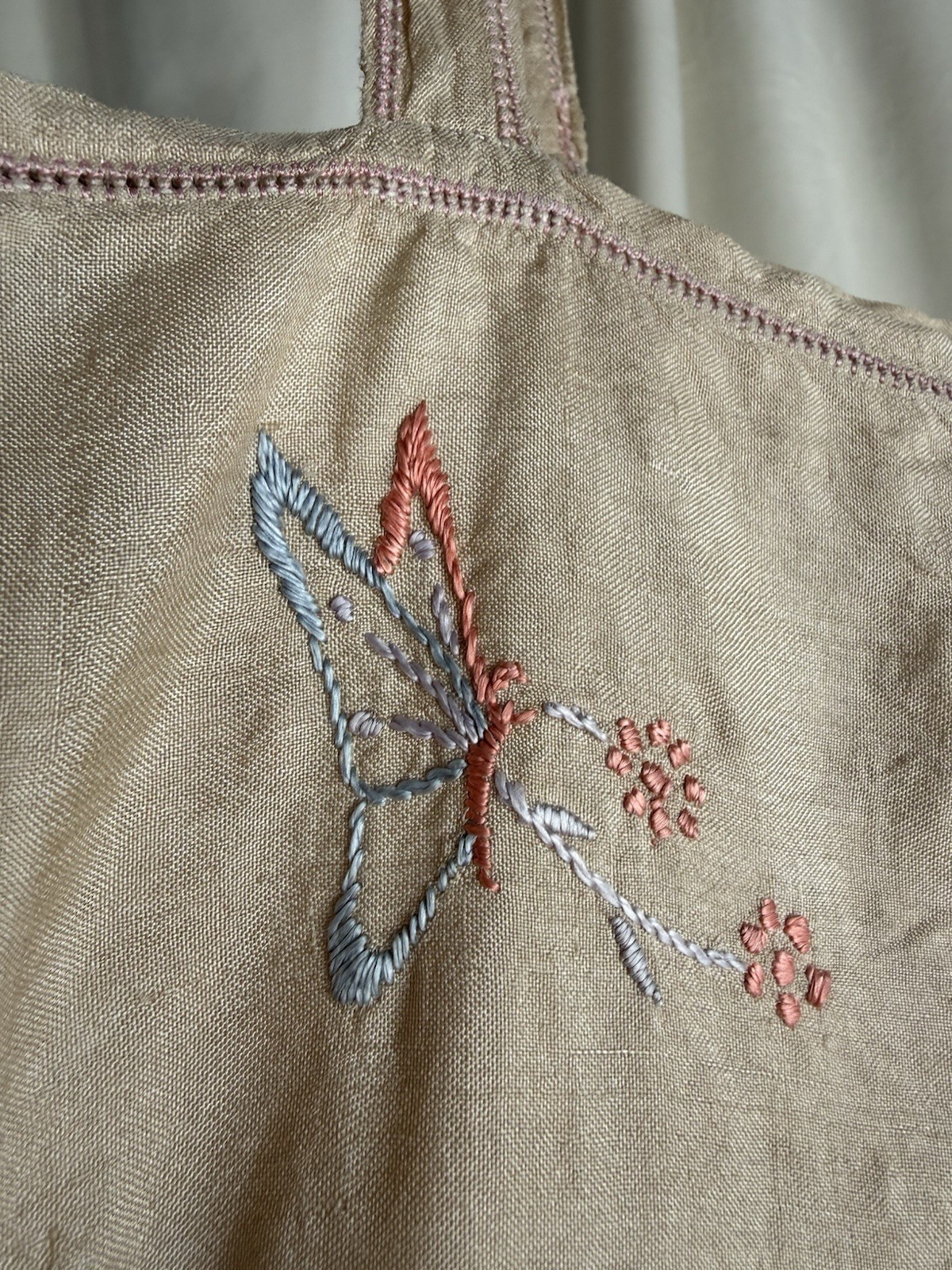 Antique 1920’s Pongee Slip Step-in Butterfly Embroidery Chemise Écru Silk Set