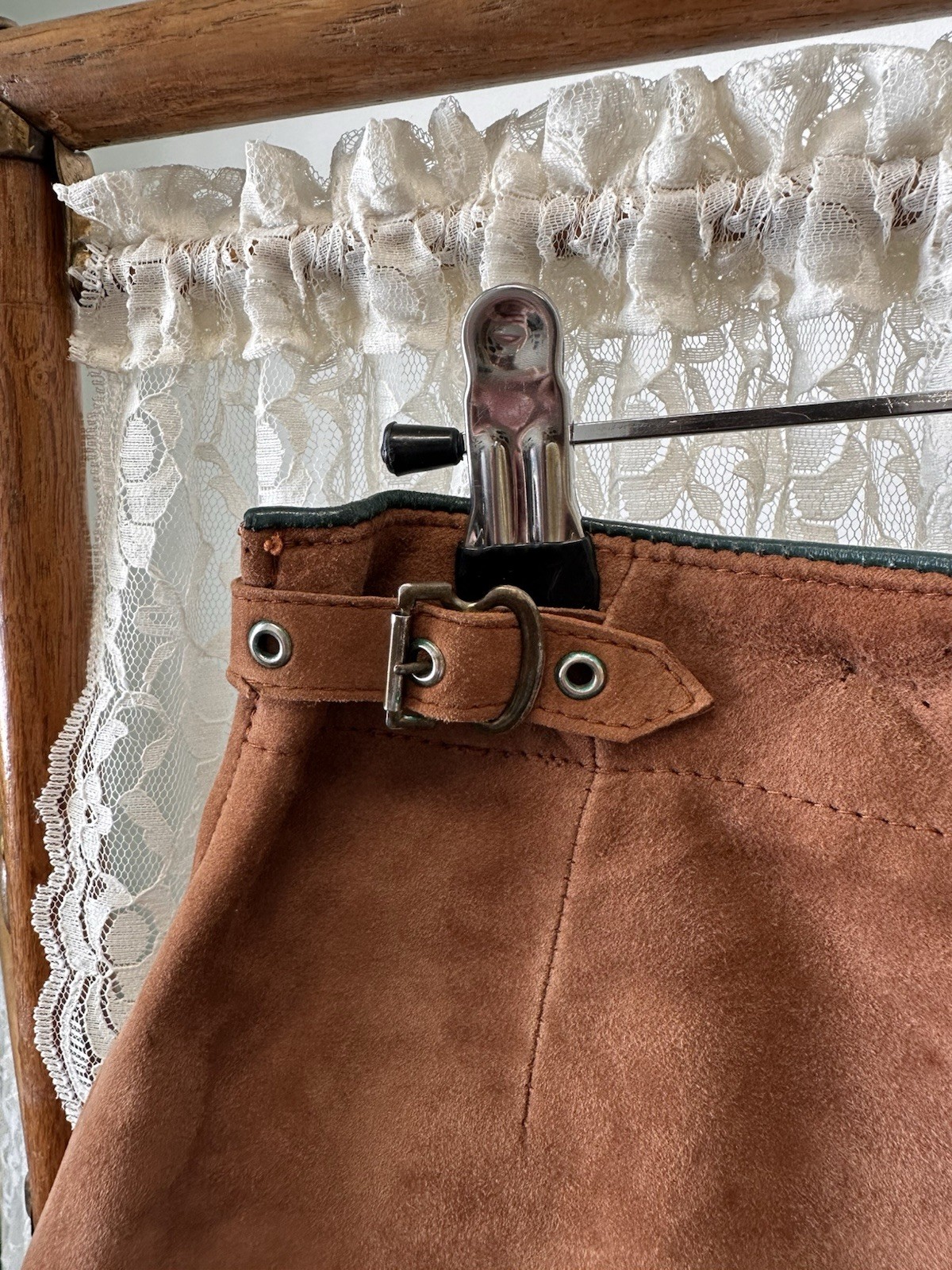Vintage 1940s Leather Shorts Made In Germany Brown Green Side Buckles 25” Waist