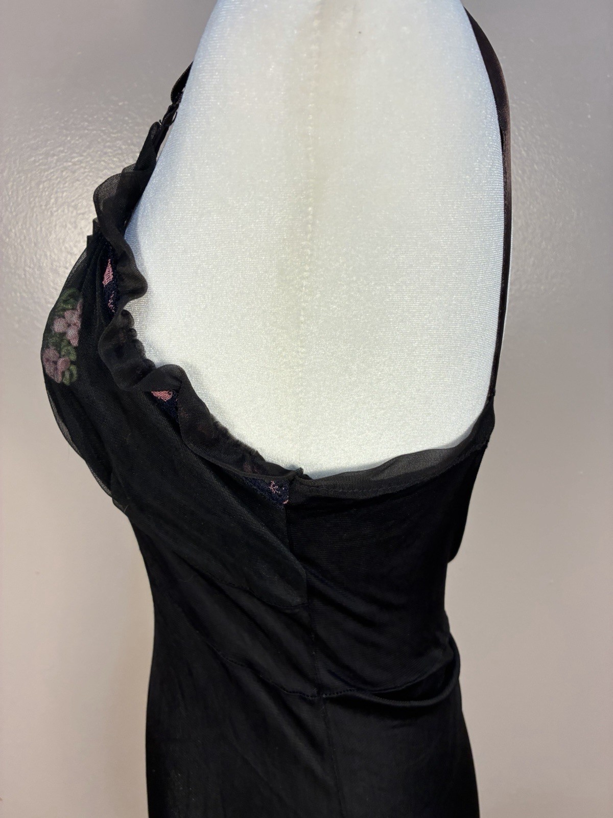 Vintage Unbranded Nylon Ribbon Rose Milkmaid Midi Dress Slip Goth Black Pink S