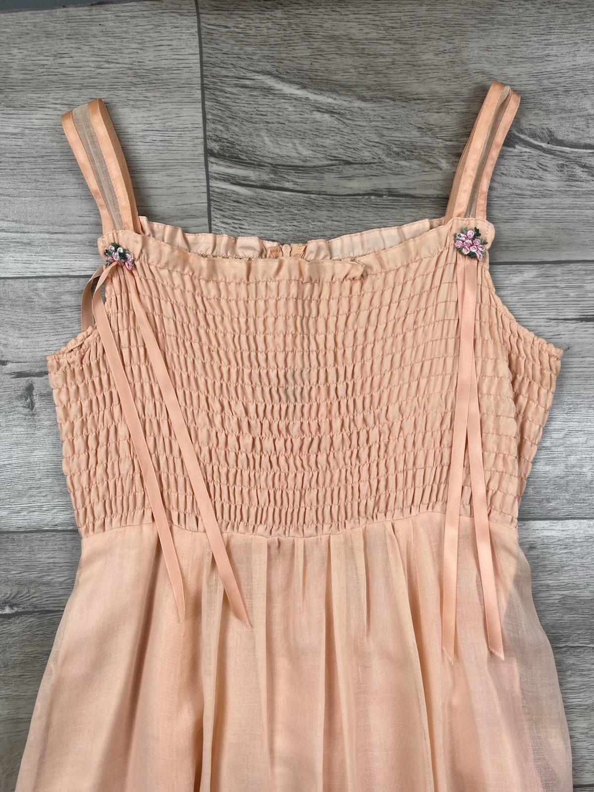 VTG Phase II Dress Sz XS/ S Pink Coral Smocked Floral Maxi Prairie Sundress 70&rsquo;s