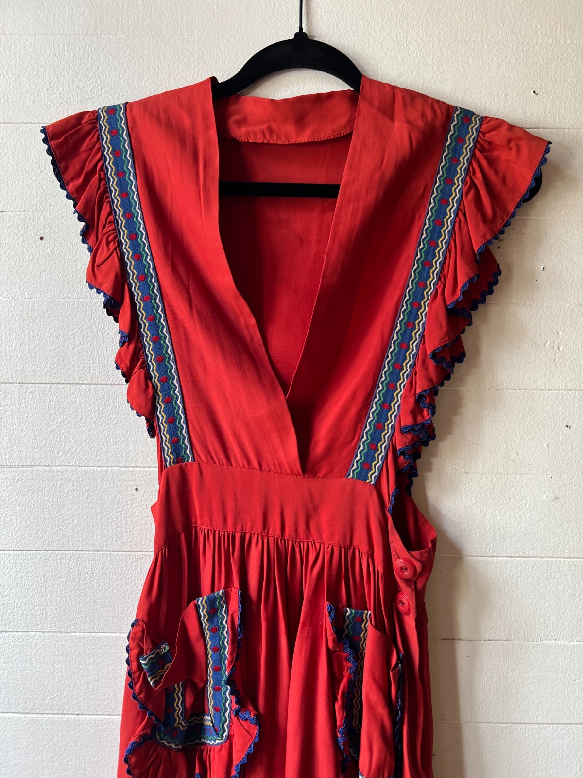 Vintage 1940s Hand Made Dress – Red Mexican Inspired Dress 24x28x44 AR FL