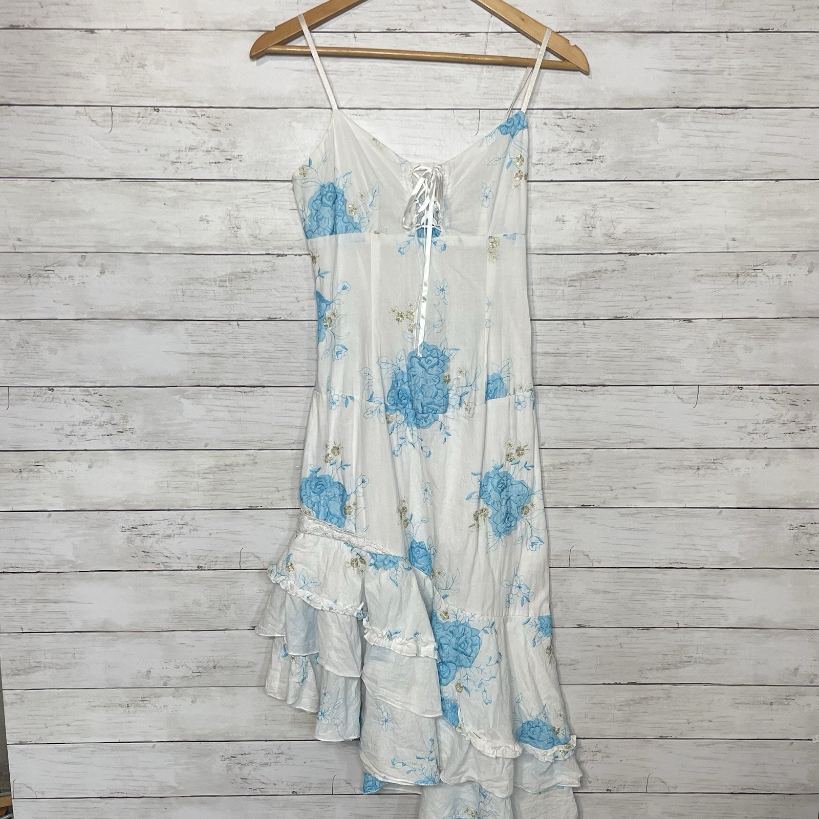 Vintage Griffin Paris Cottagecore Midi Dress Blue Floral Ruffle Hem Lace-Up Bust