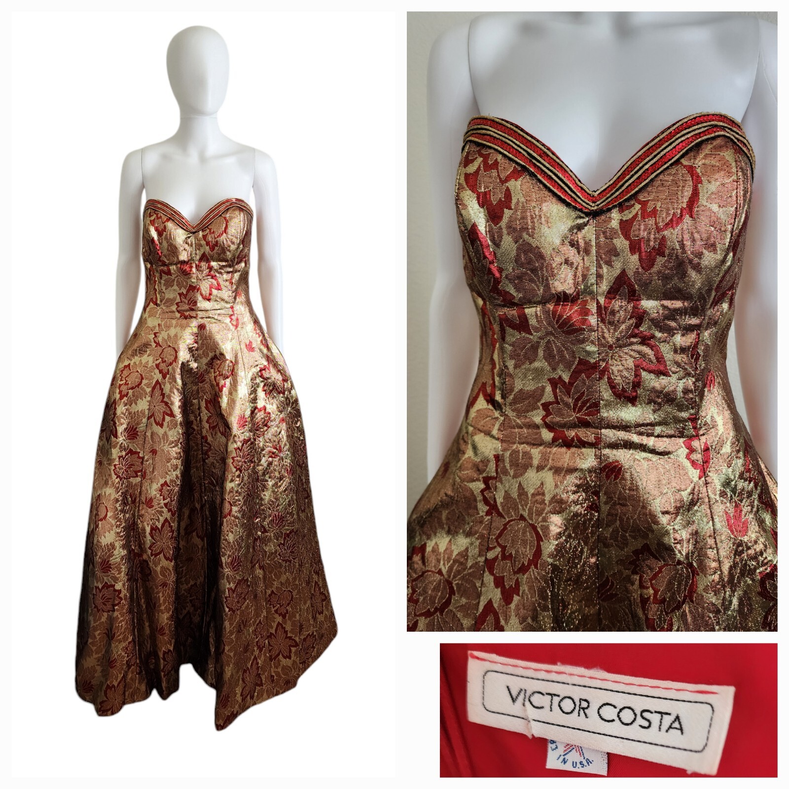 Victor Costa 1980&rsquo;s Gold Red Lame Brocade Strapless Holiday Evening Gown Dress M