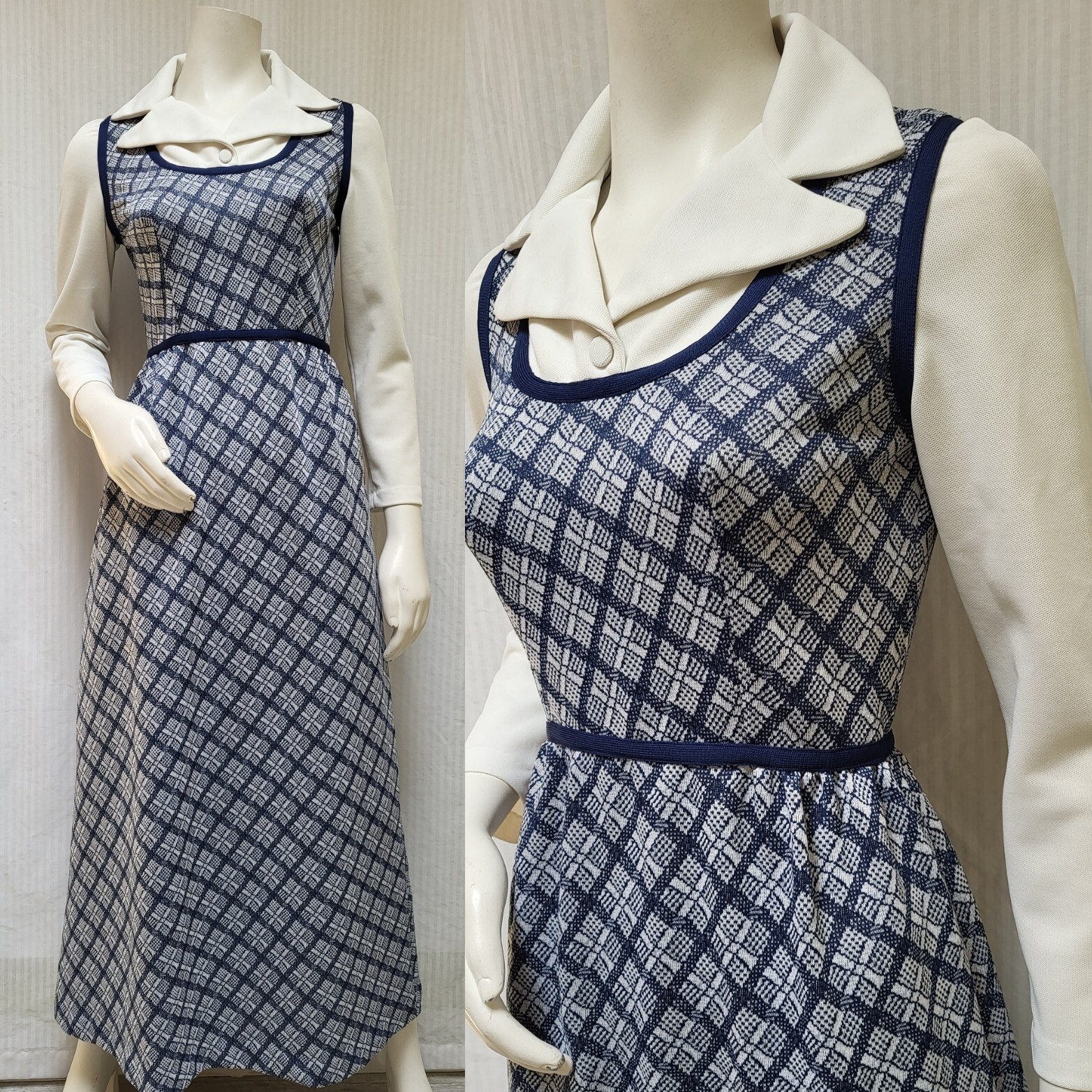 Vintage 1960/70&rsquo;s Blue White Plaid Double Knit Maxi DRESS – Size S – EUC
