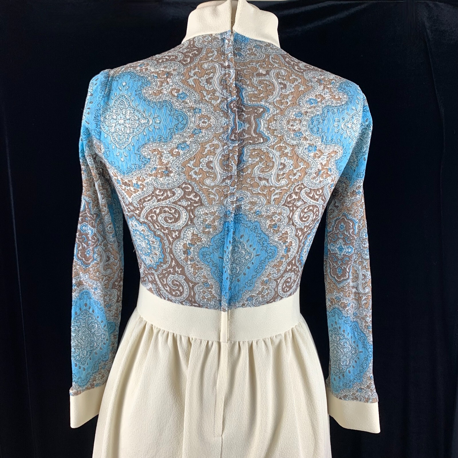 Sears 1970s Poly Double Knit Maxi Dress S Blue Lace Gathered Skirt Excellent