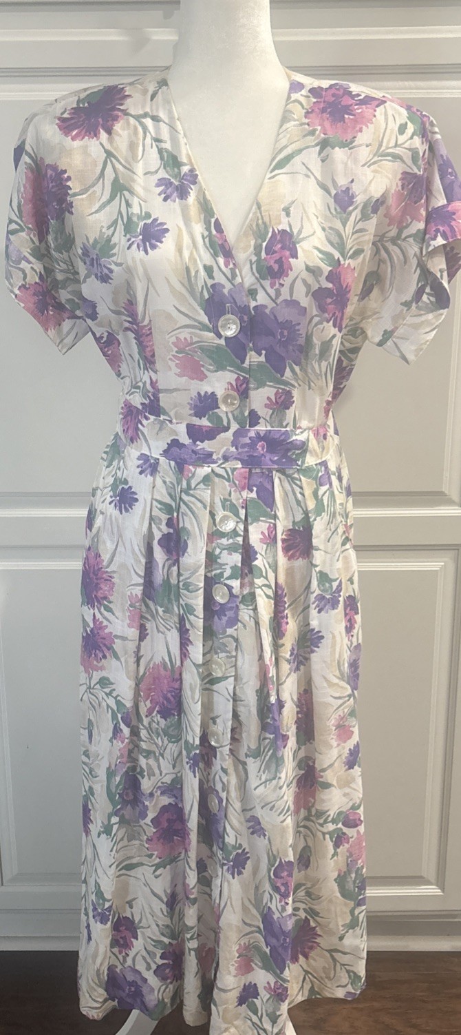 VINTAGE 80&rsquo;s Stuart Alan Cotton Midi Dress So Adorable! Sz 14 Stunning Flowers