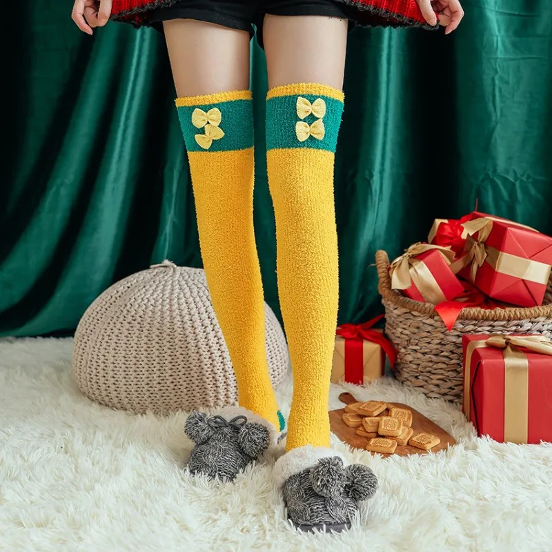 Festive Fleece Lined Thigh High Socks for Women, Christmas Winter Crew Sock